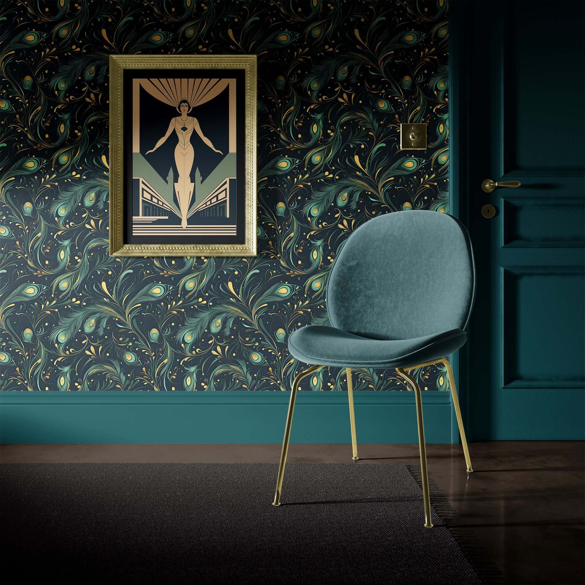 Art deco room with Celestial Peacock wallpaper featuring teal and gold peacock feathers, modern chair, and vintage artwork.