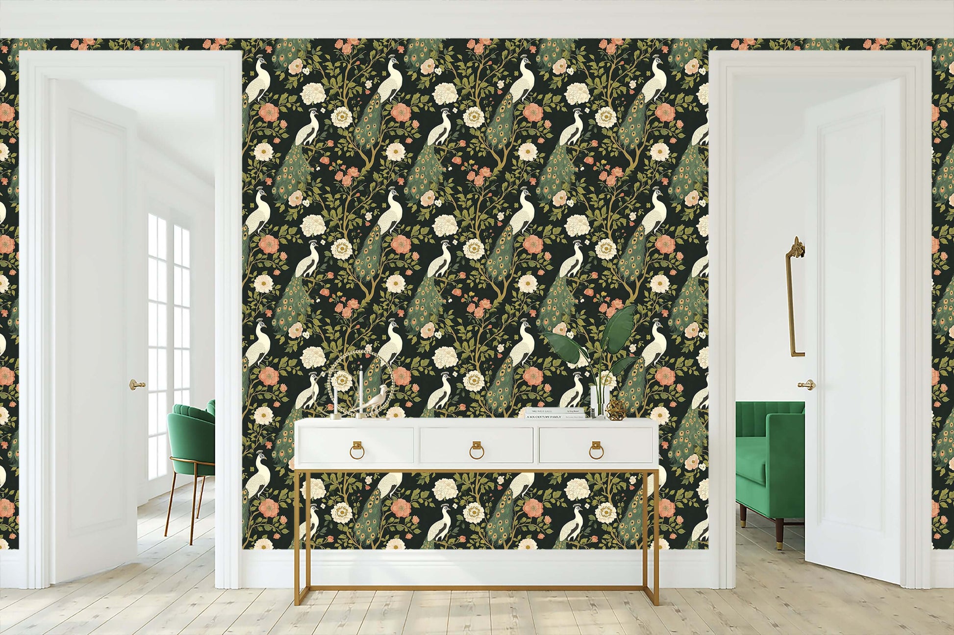 Mystical Garden Elegance wallpaper with art deco design featuring white peacocks on dark floral background in elegant living room.