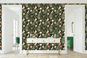 Mystical Garden Elegance wallpaper with art deco design featuring white peacocks on dark floral background in elegant living room.