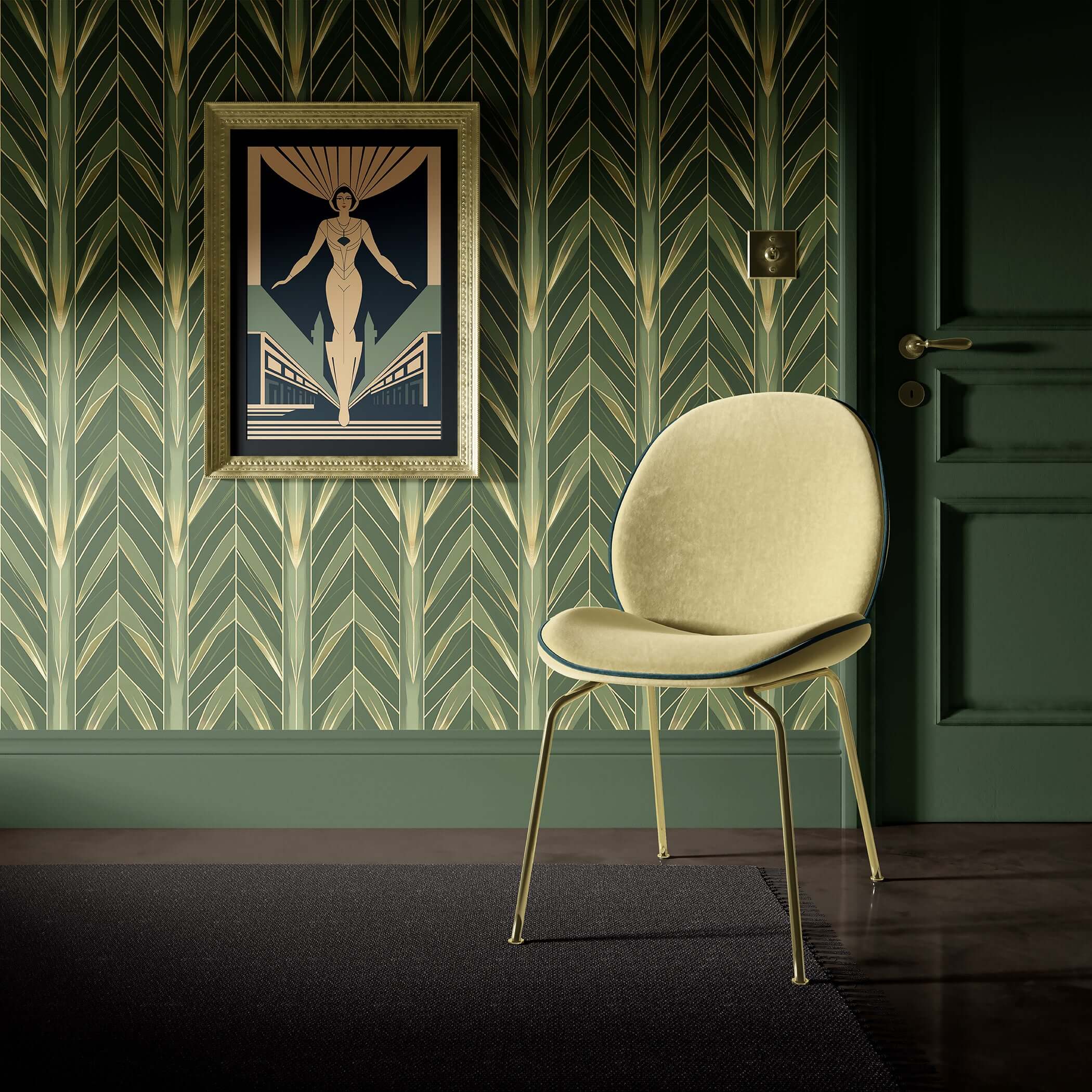 Art Deco wallpaper with green botanical motifs and gold details enhancing a modern room with a chic chair and framed artwork.
