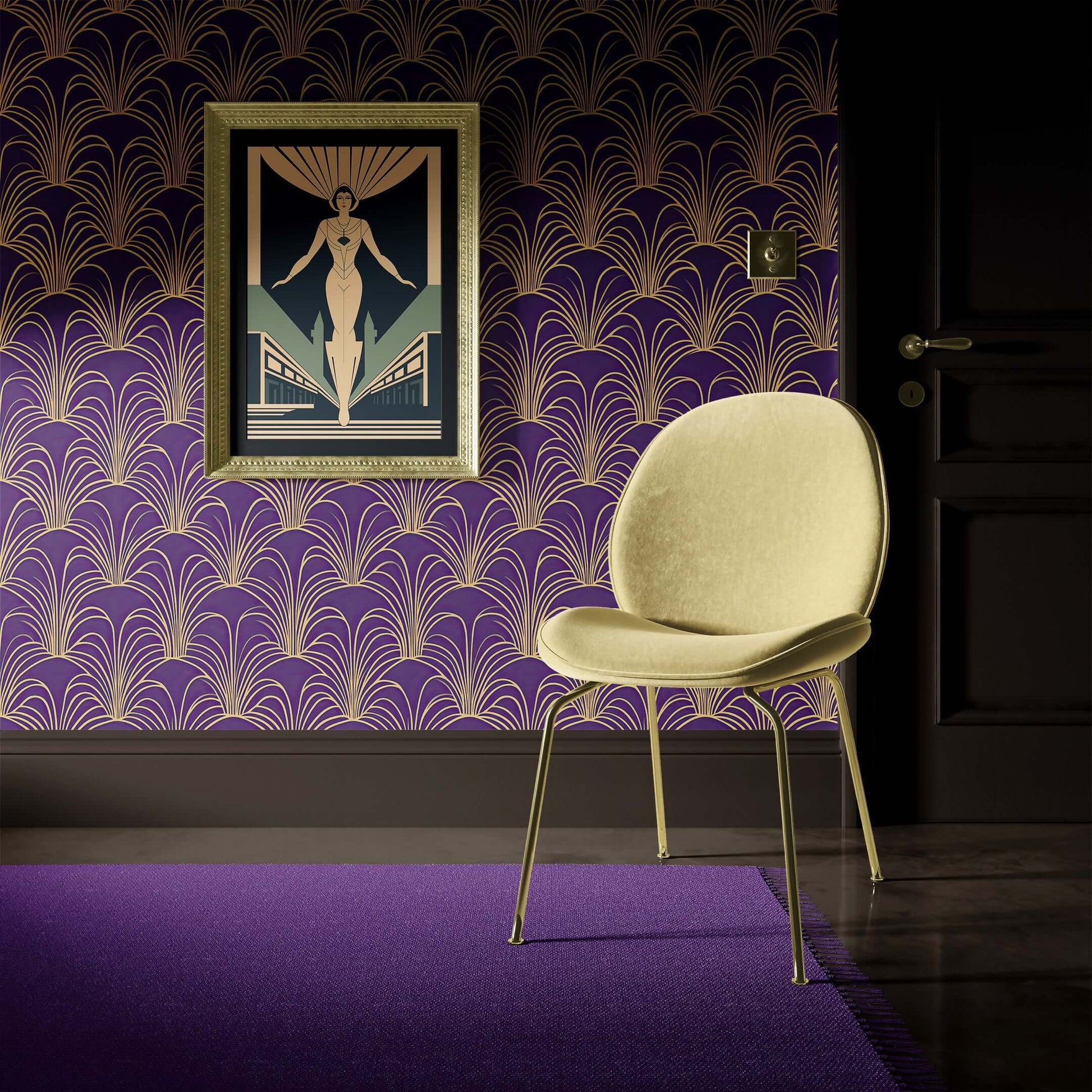 Gold fan-like arches on plum Art Deco wallpaper with beige chair and framed print in elegant interior.