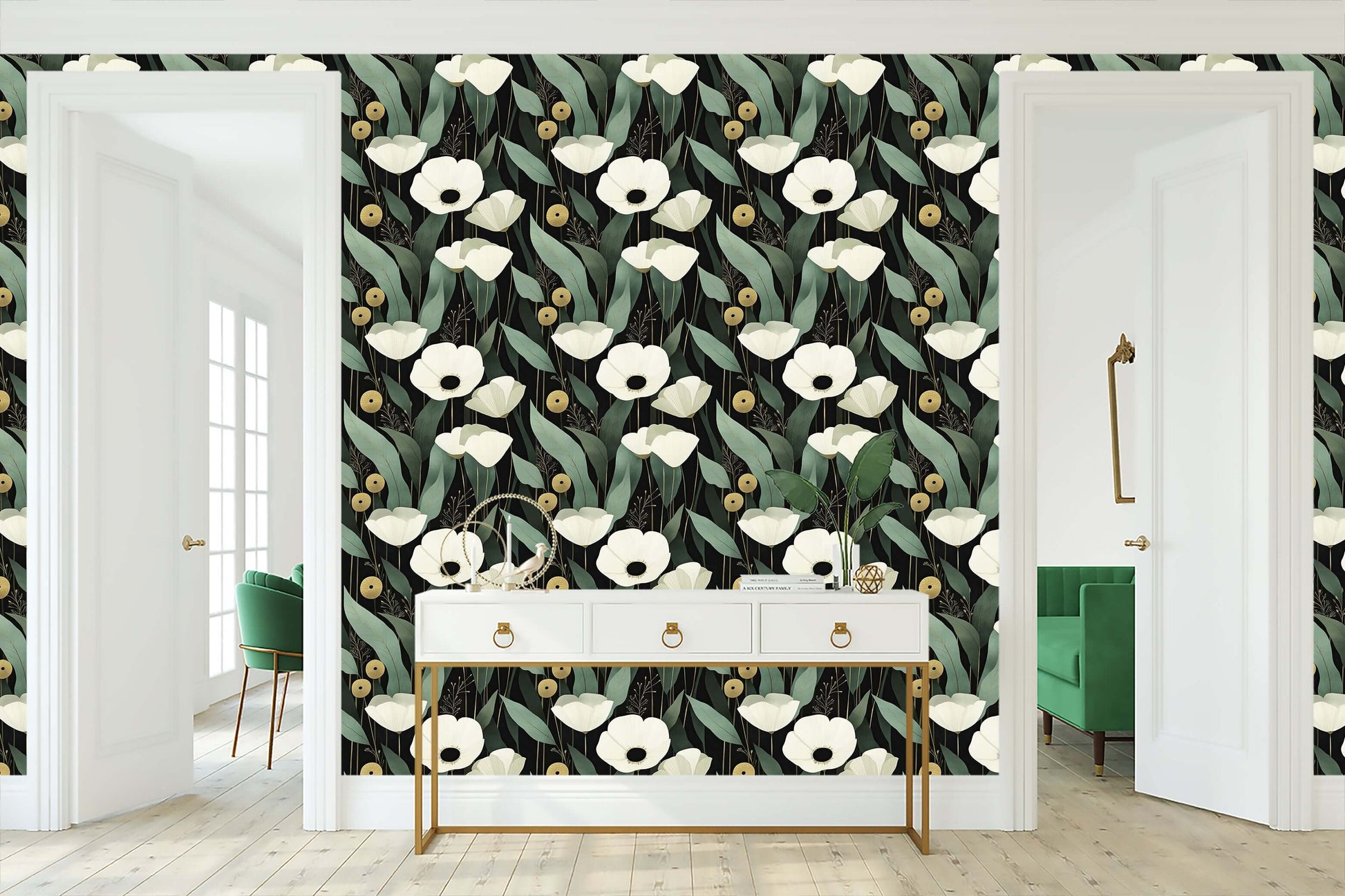 Gilded Night Botanicals Wallpaper with white flowers, sage leaves, and gold accents on a black background in a modern room setting.