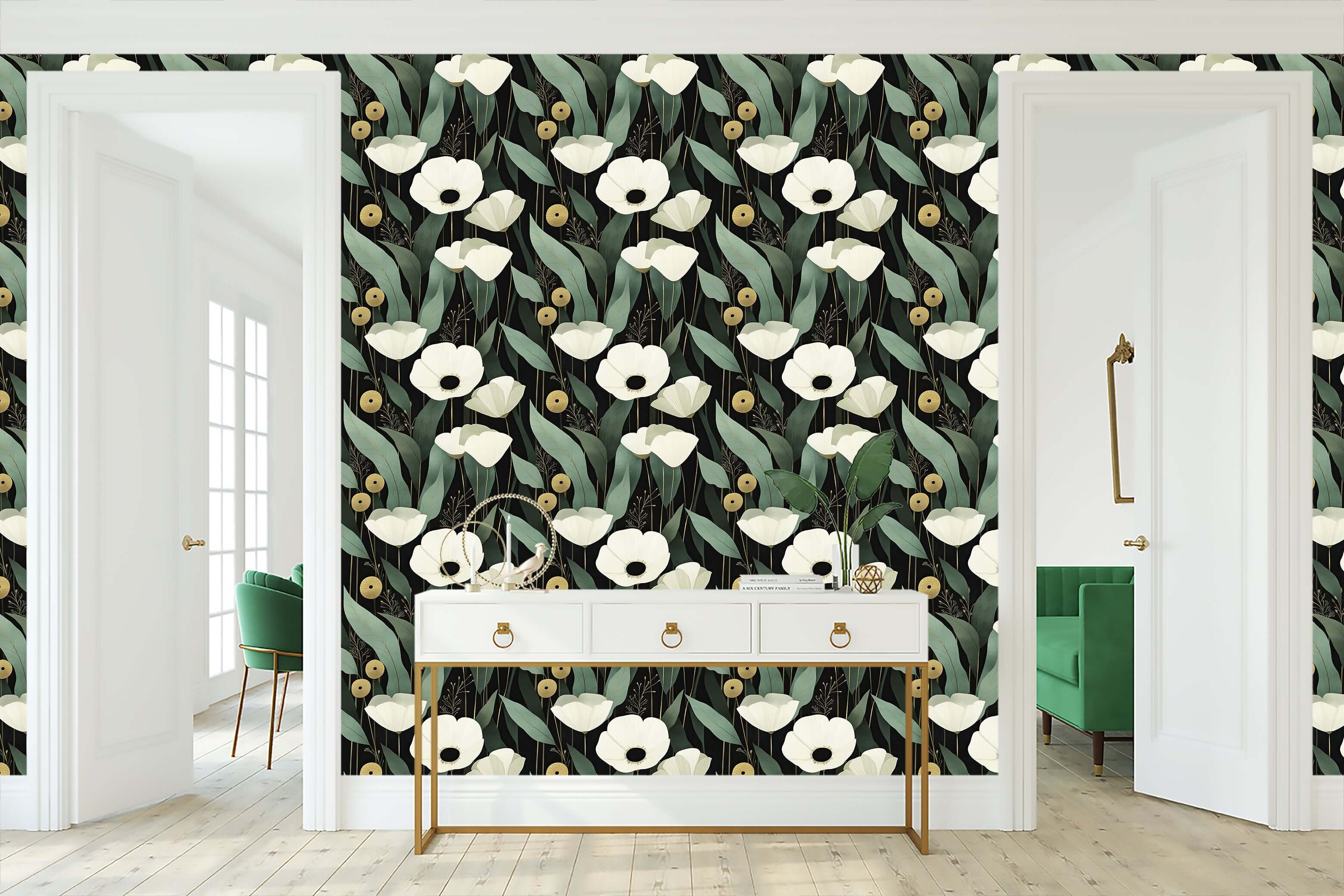 Gilded Night Botanicals Wallpaper with white flowers, sage leaves, and gold accents on a black background in a modern room setting.