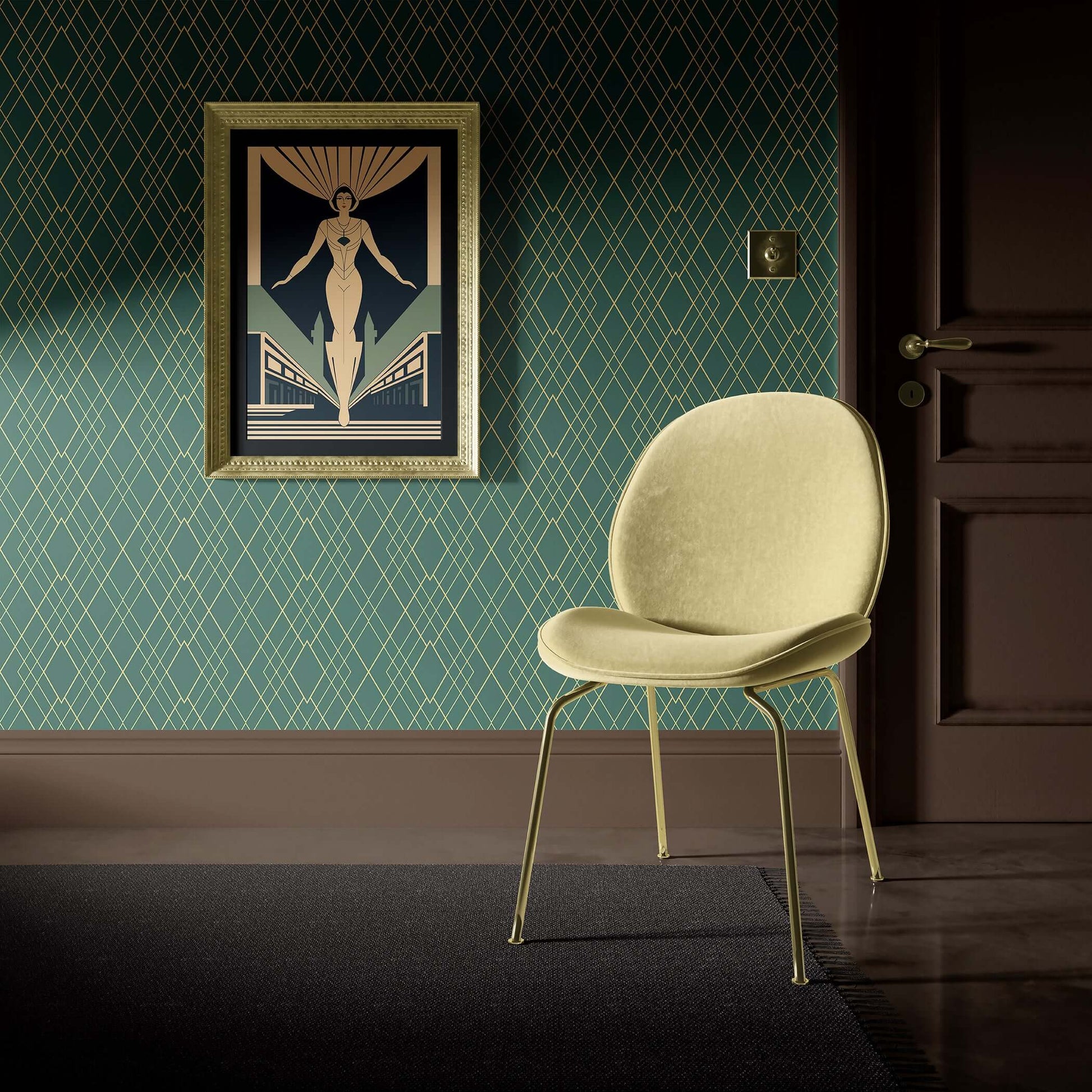 Art Deco emerald and gold geometric wallpaper with elegant chair and wall art.