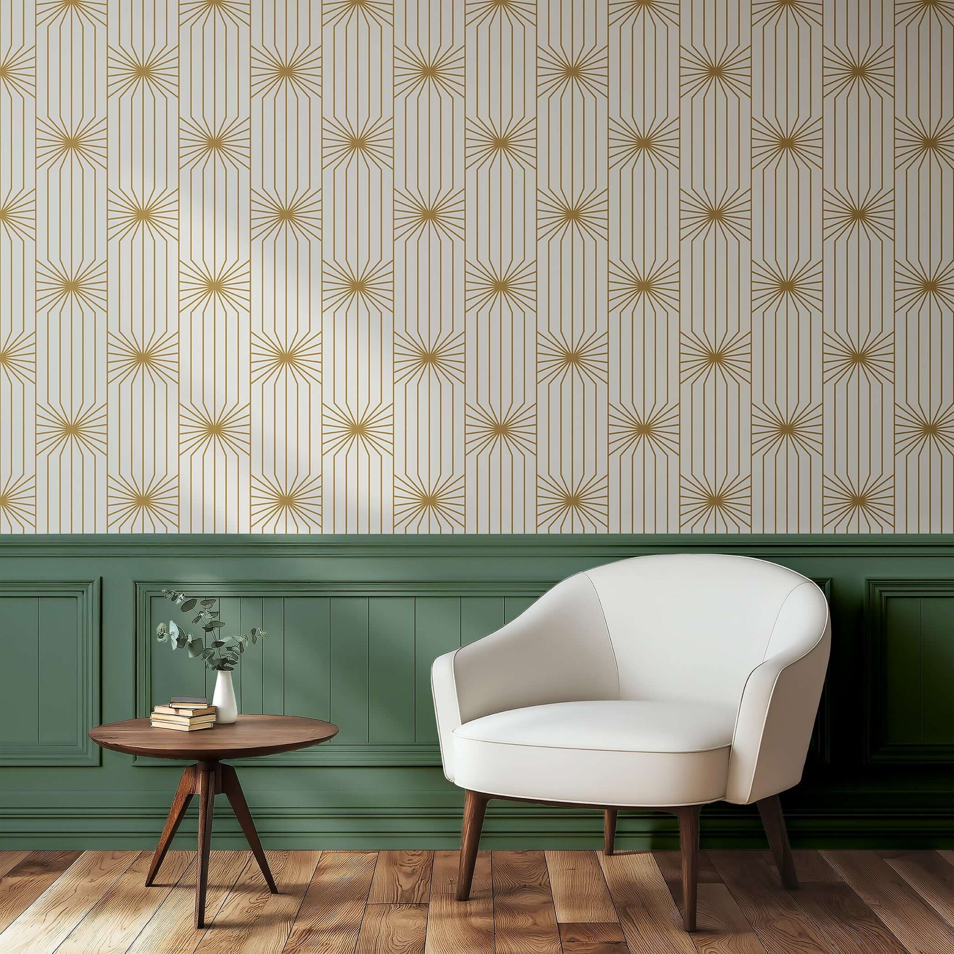 Art Deco gold and white geometric wallpaper with mid-century modern chair and table.
