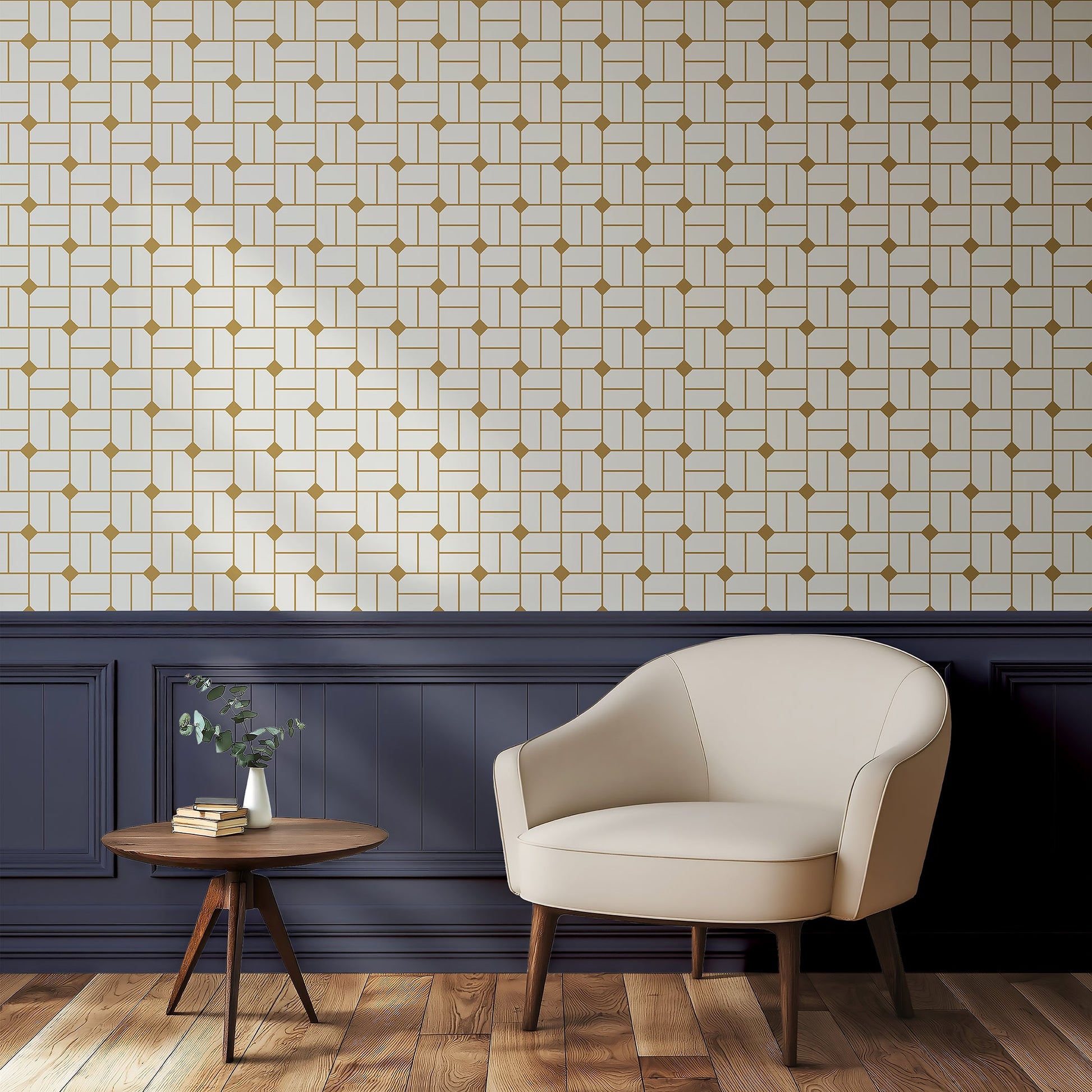 Retro Gilded Maze wallpaper featuring a gold geometric pattern on white, perfect for art deco-inspired and sophisticated spaces.