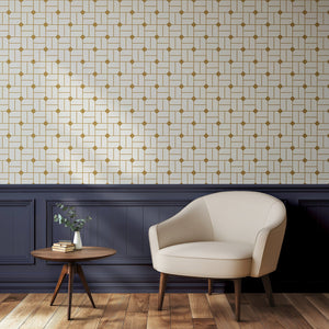 Retro Gilded Maze wallpaper featuring a gold geometric pattern on white, perfect for art deco-inspired and sophisticated spaces.