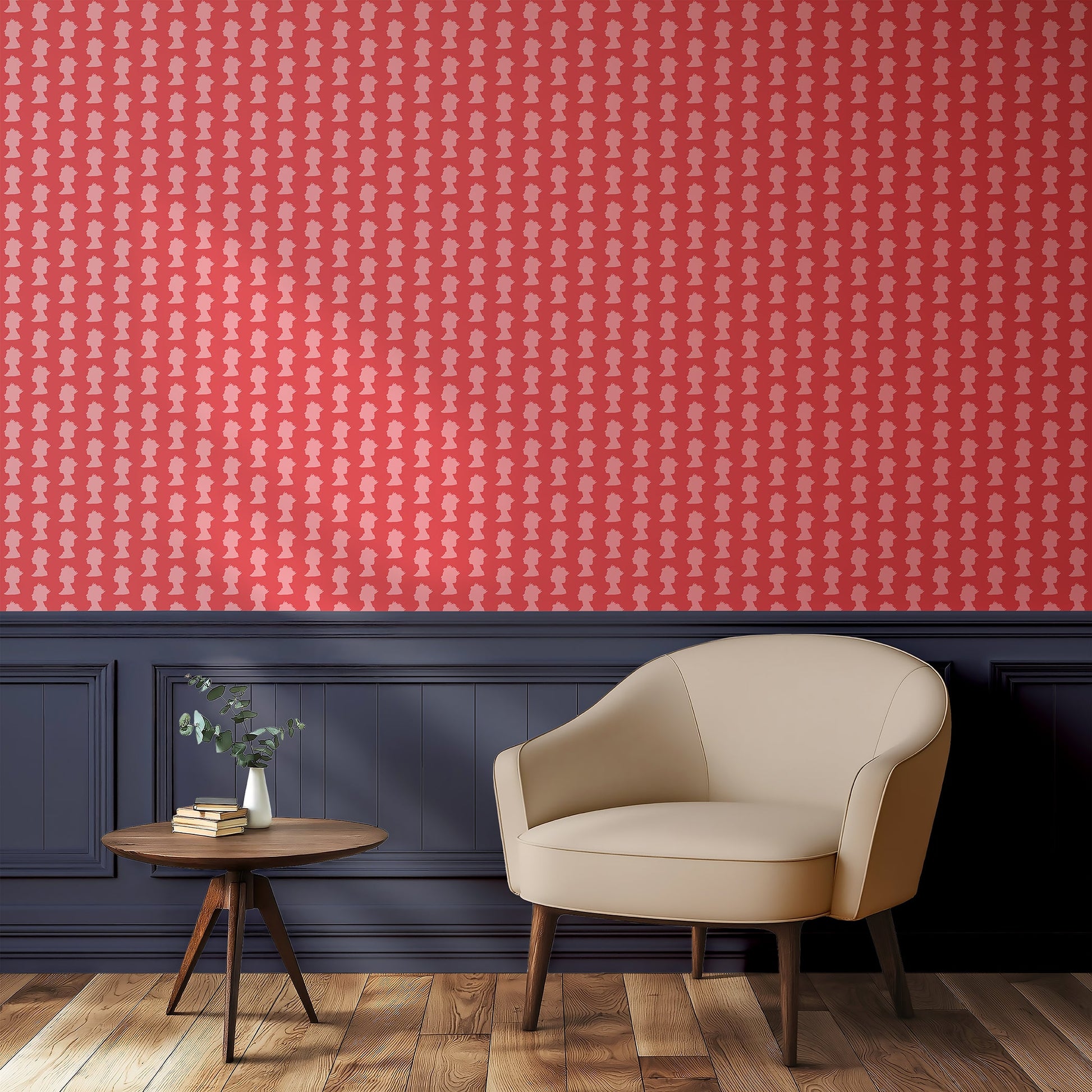 Soft pink crowned silhouettes on red wallpaper, inspired by London's monarchy, adorn an elegant modern interior wall.