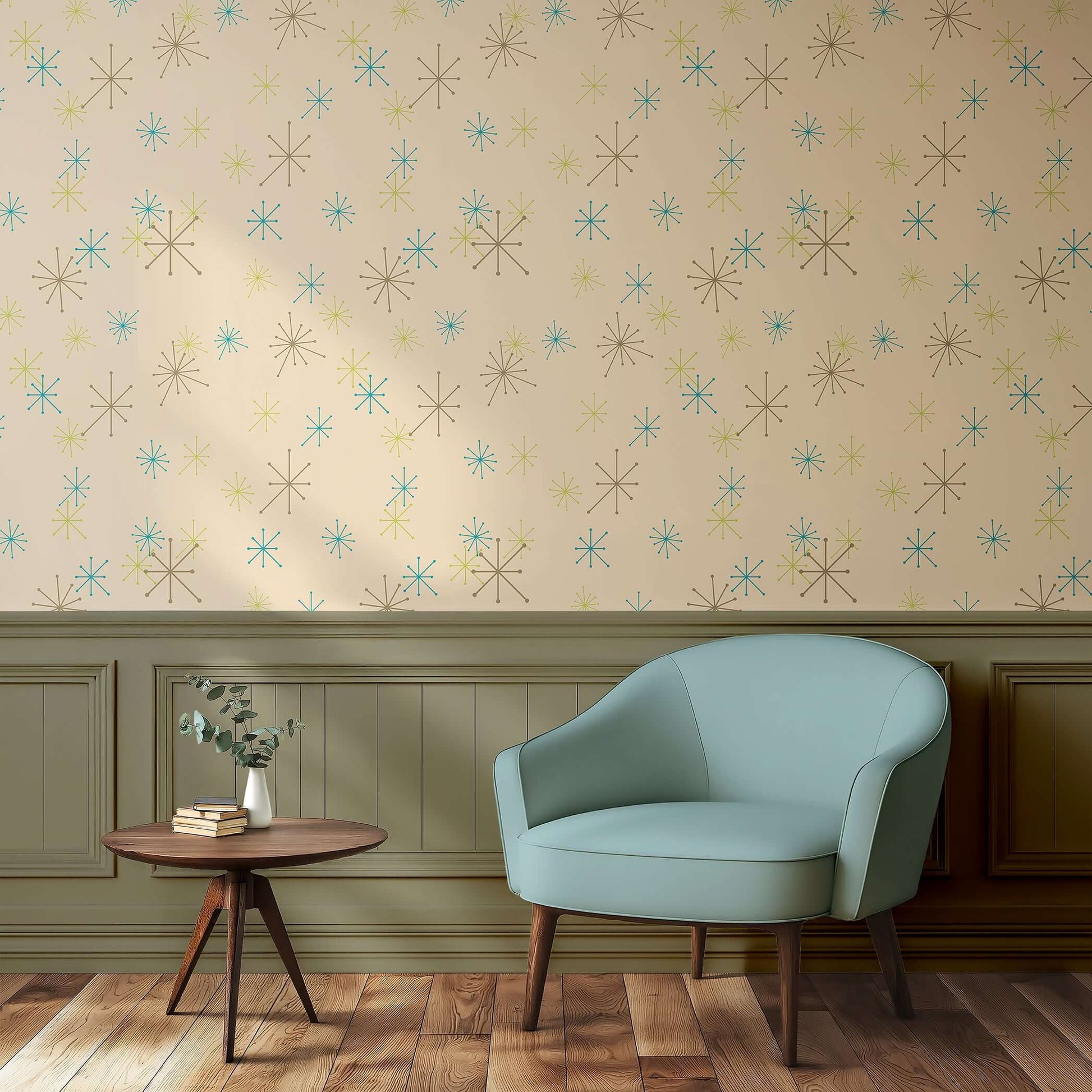 Mid-century modern wallpaper with teal, lime, and mocha atomic starbursts on beige, perfect for retro design accents.
