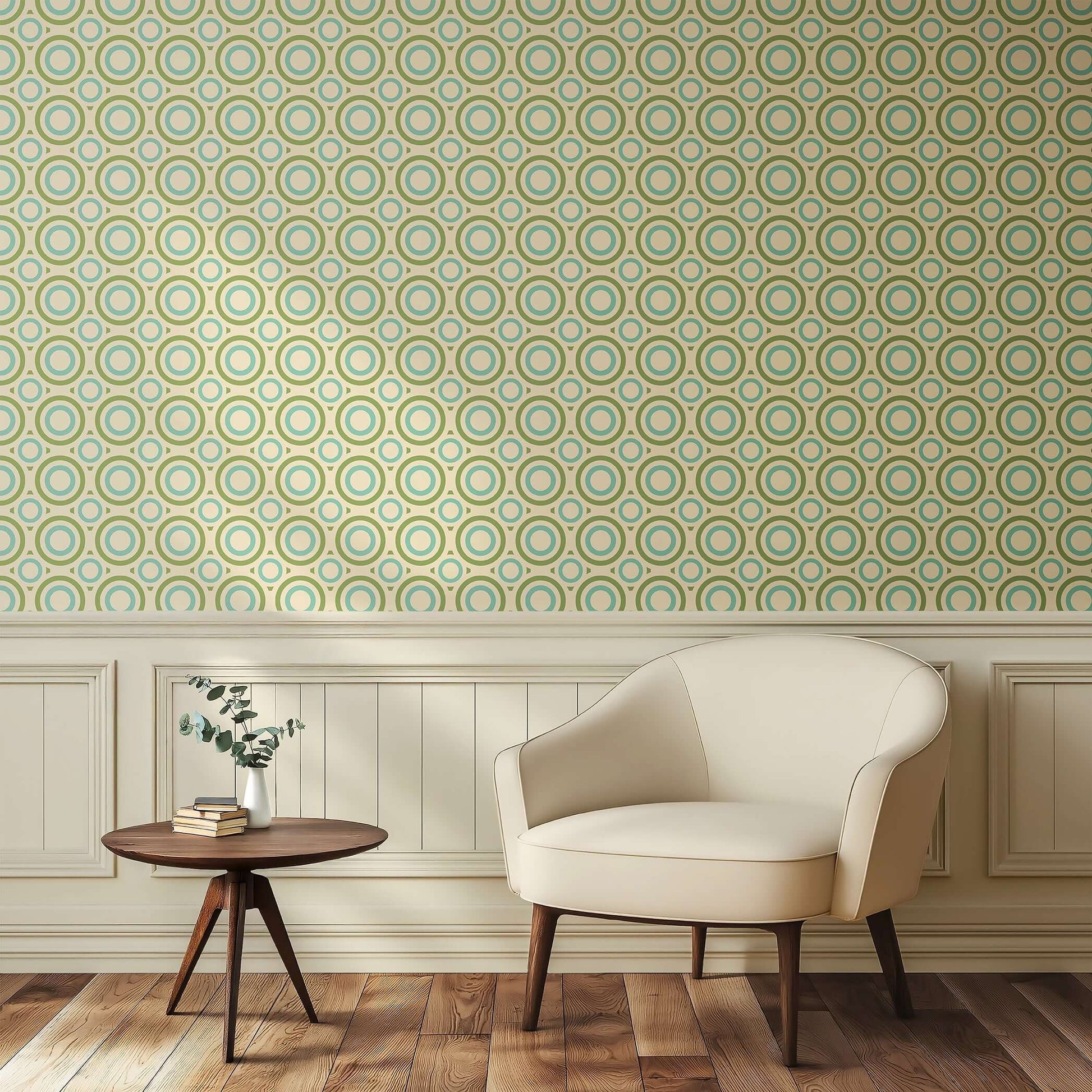 Retro Orbit Rings wallpaper in sage green and teal with mid-century modern design, perfect for creative and vintage-inspired spaces.