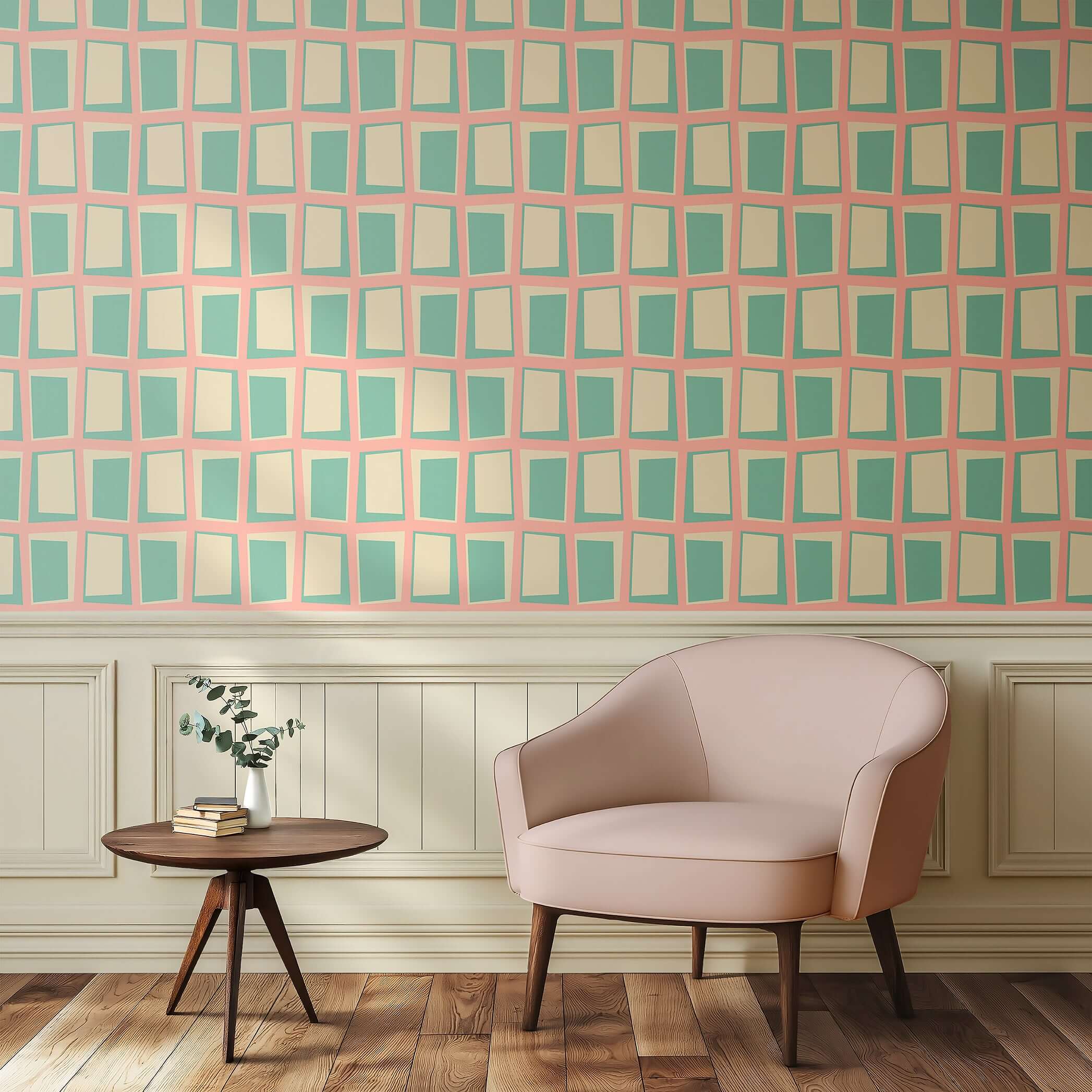 Mid-century modern retro geometric wallpaper in mint green and cream with soft coral lines, perfect for vintage-inspired decor.