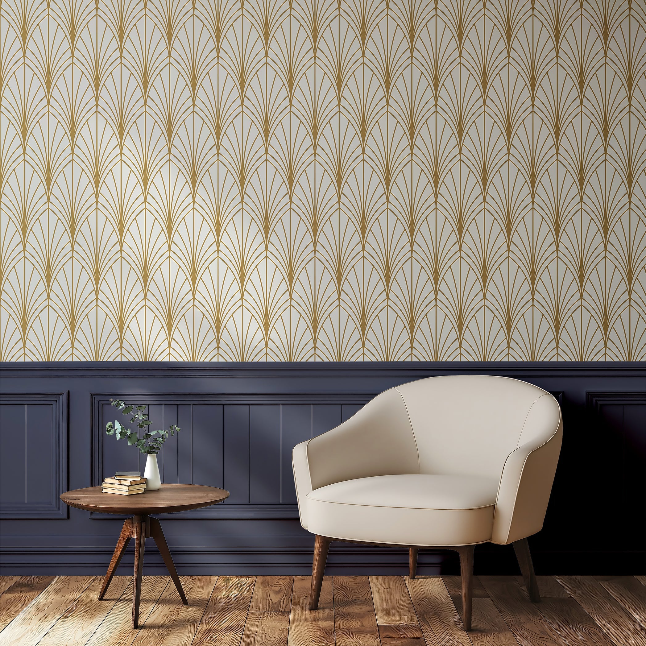 Elegant art deco wallpaper with gold geometric arches on ivory background, complementing a retro living room aesthetic.