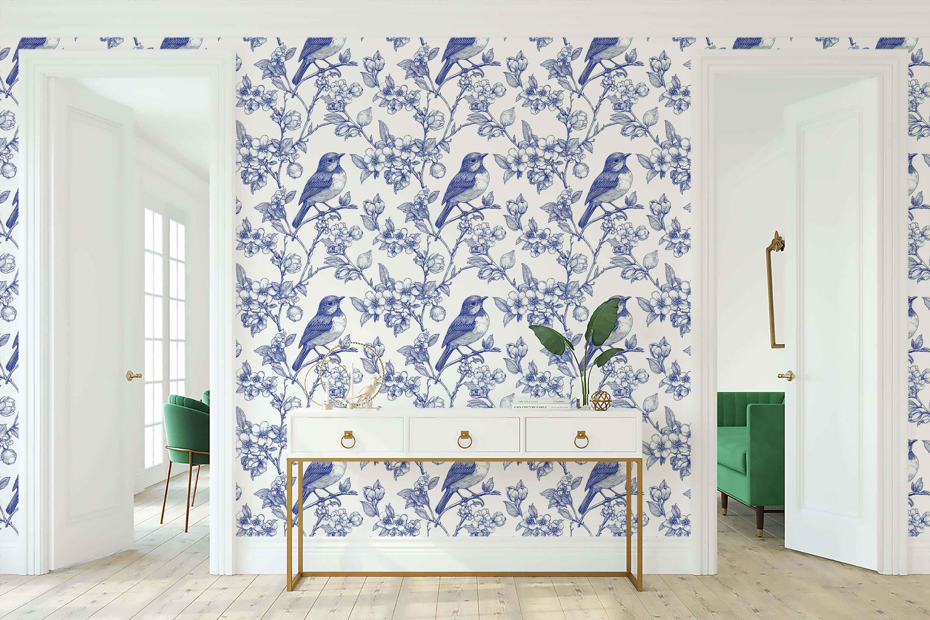 Songbird Garden Toile II wallpaper with blue songbirds and branches, ideal for a vintage, tranquil ambiance in living spaces.