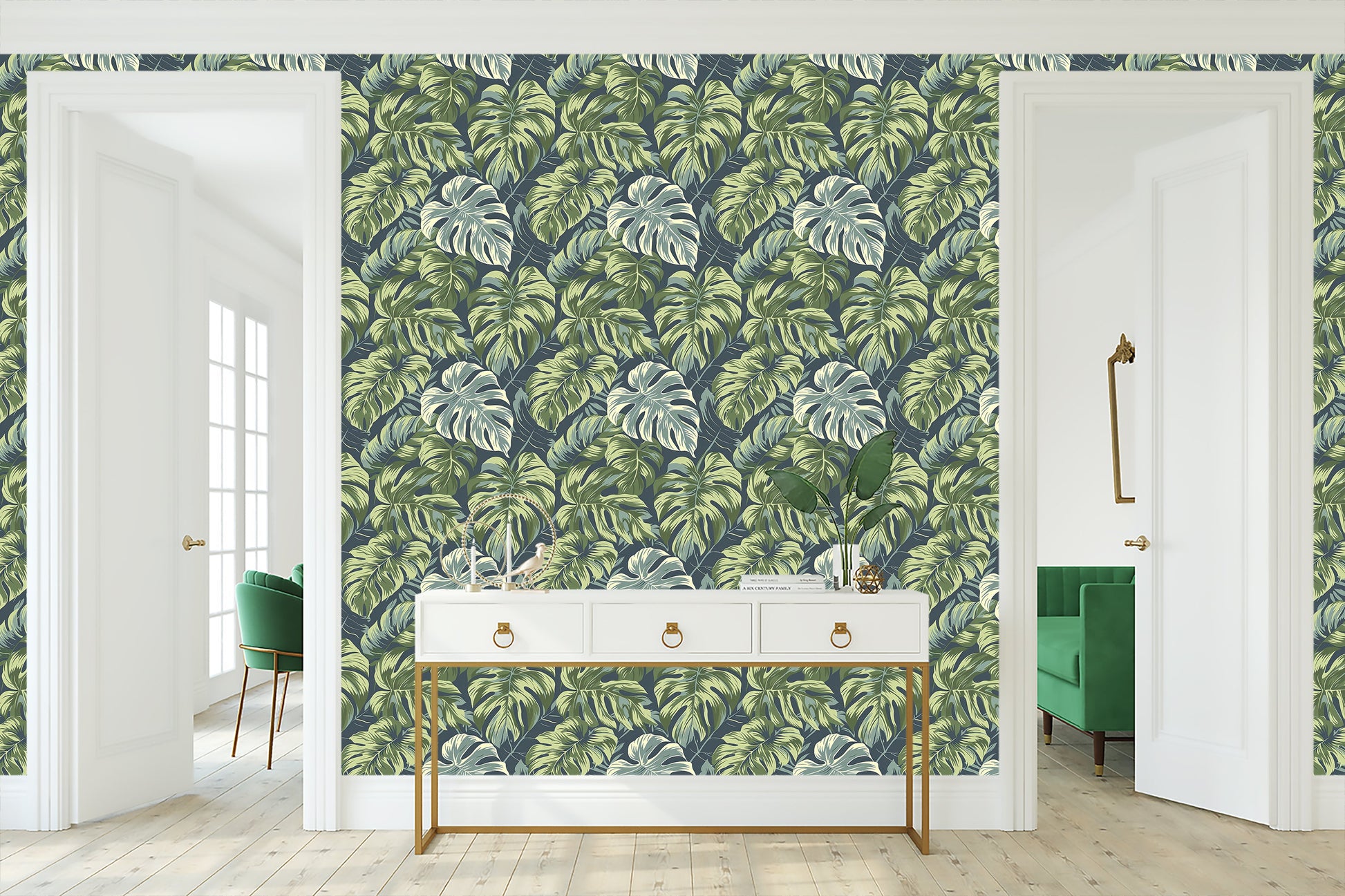 Tropical Canopy wallpaper featuring lush monstera leaves in green on a coastal background, perfect for home decor.