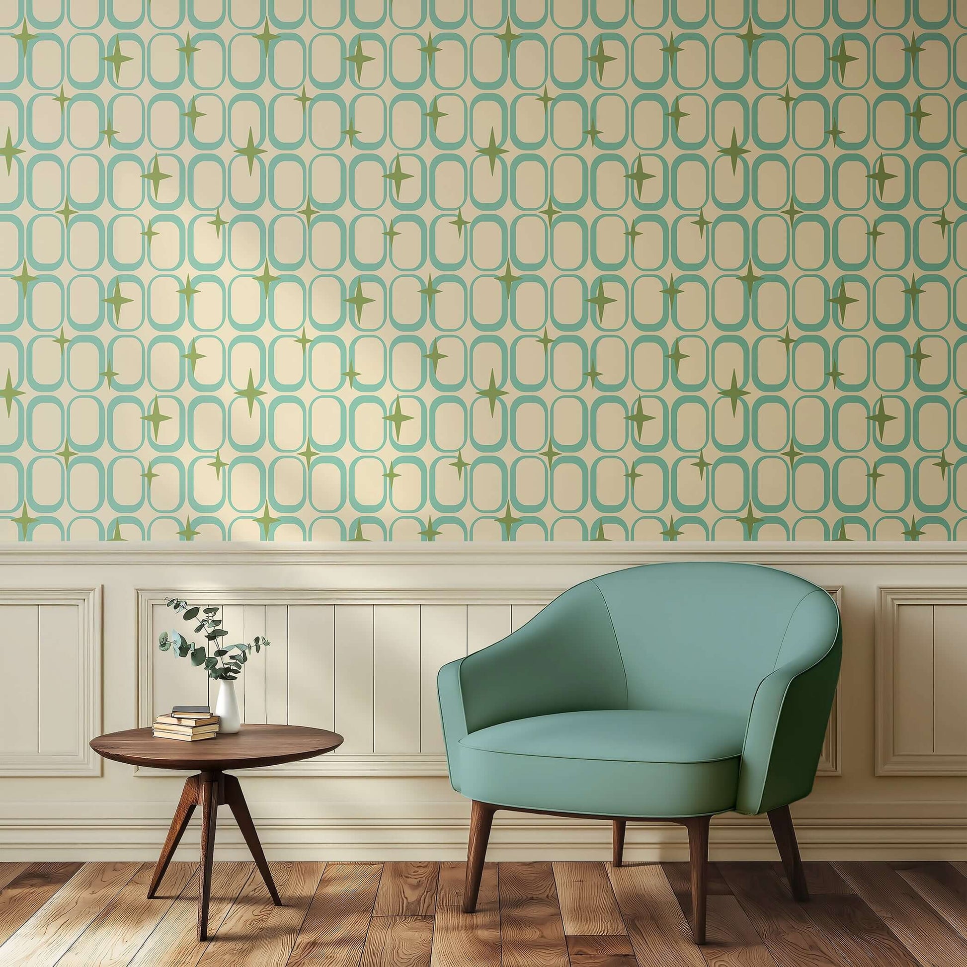 Retro Orbit Sparkle Wallpaper in teal and olive, featuring geometric mid-century modern design for a stylish retro accent wall.