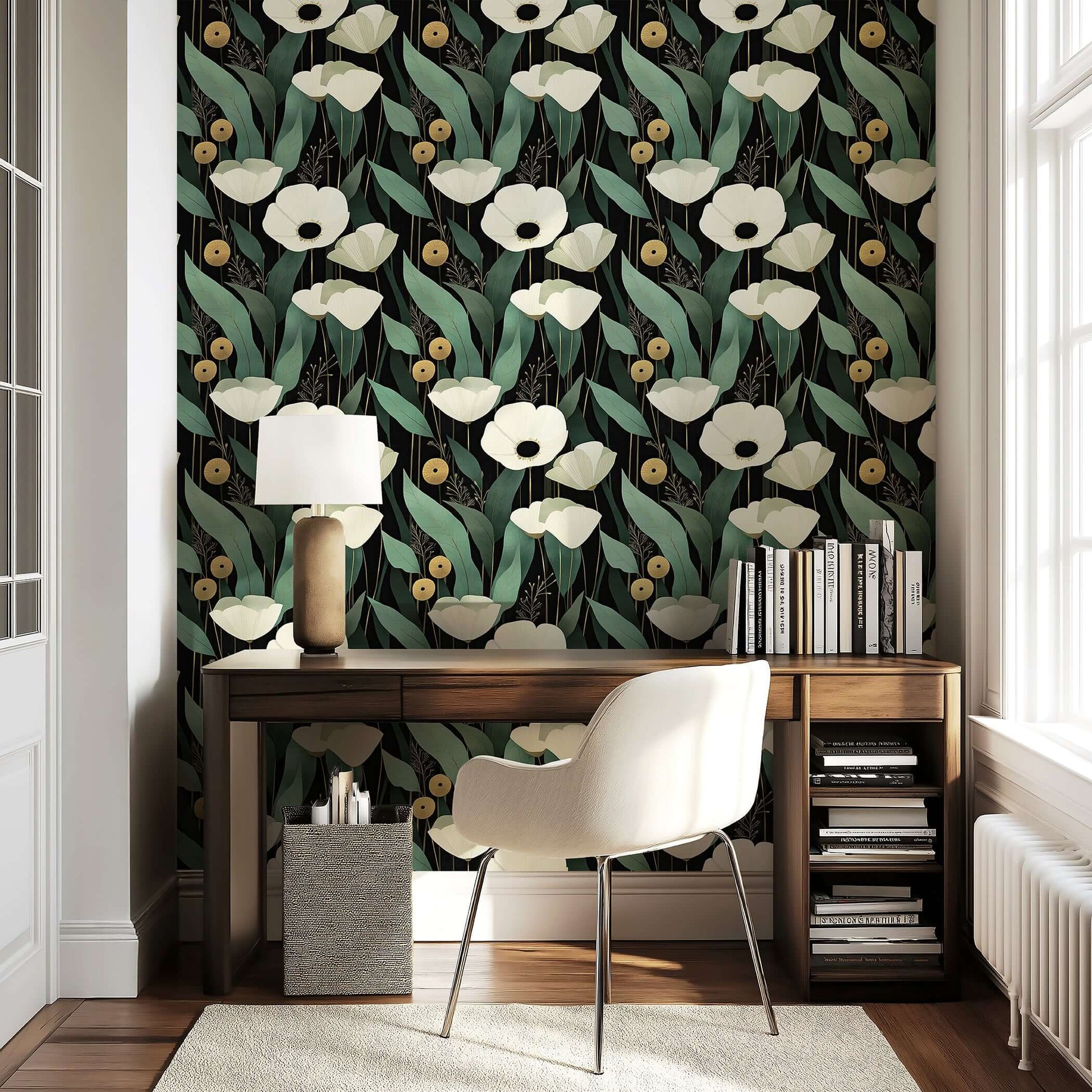 Modern wallpaper with bold white flowers and green leaves on a black background, featuring gold accents, creating a sophisticated look.