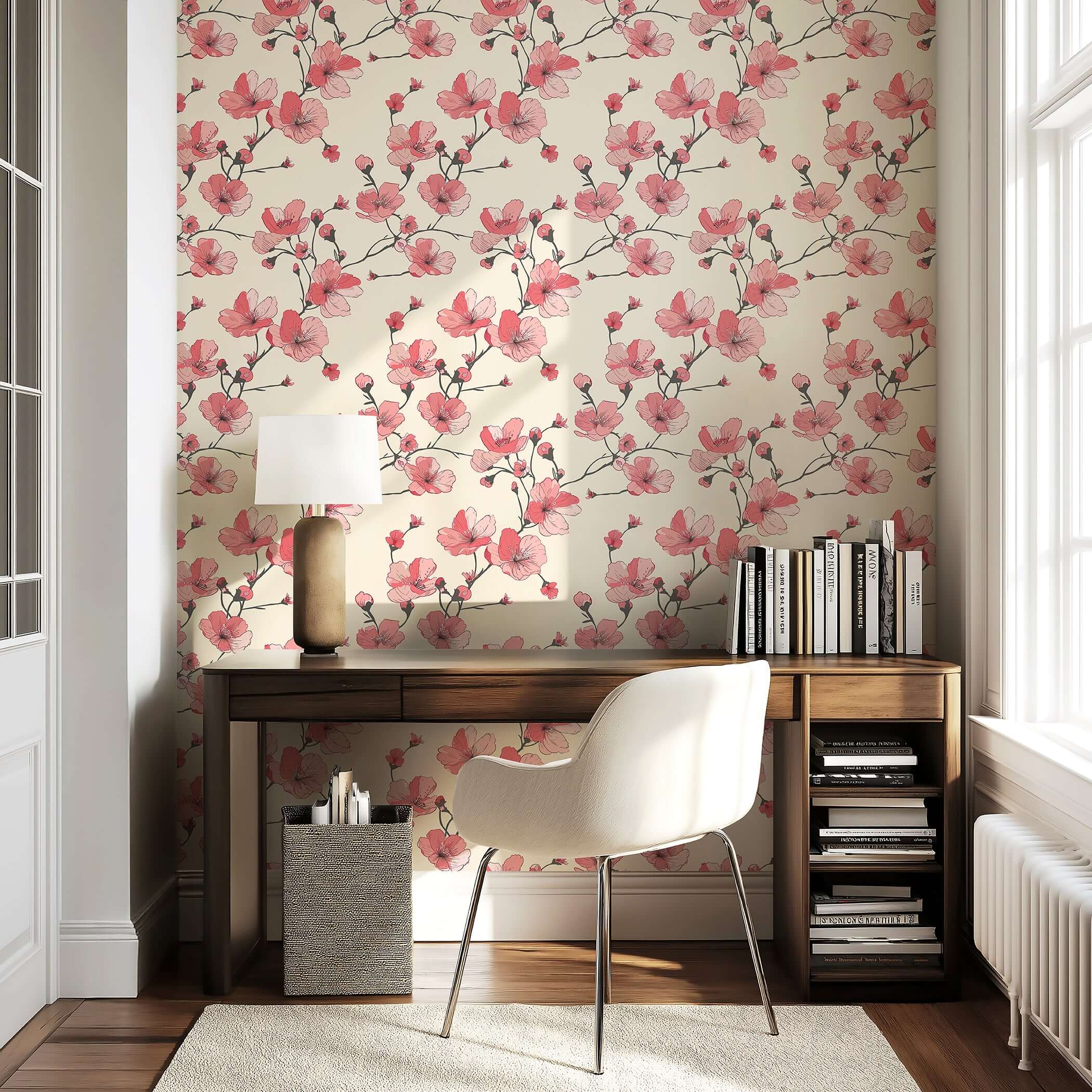 Modern cherry blossom wallpaper with pink and red floral design on an ivory background, enhancing a contemporary room décor.