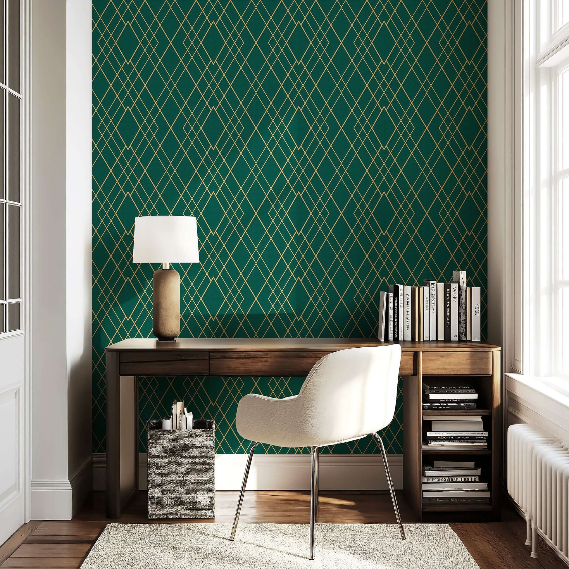 Art Deco emerald green and gold geometric wallpaper in a modern home office setting.