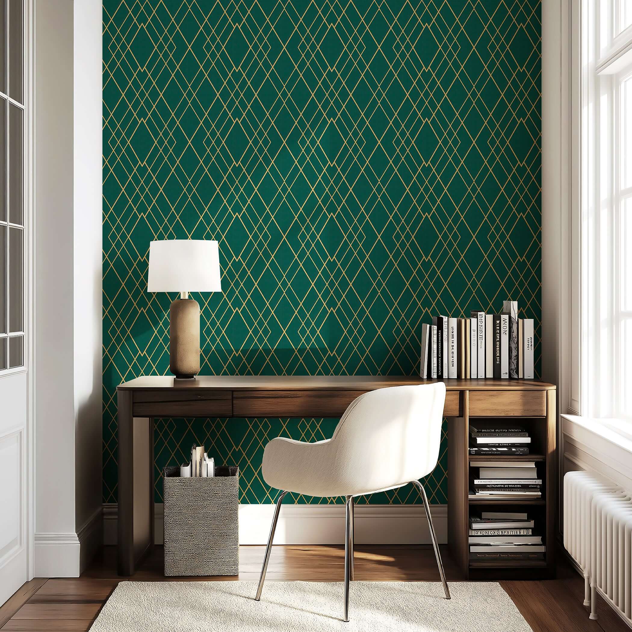 Art Deco emerald green and gold geometric wallpaper in a modern home office setting.