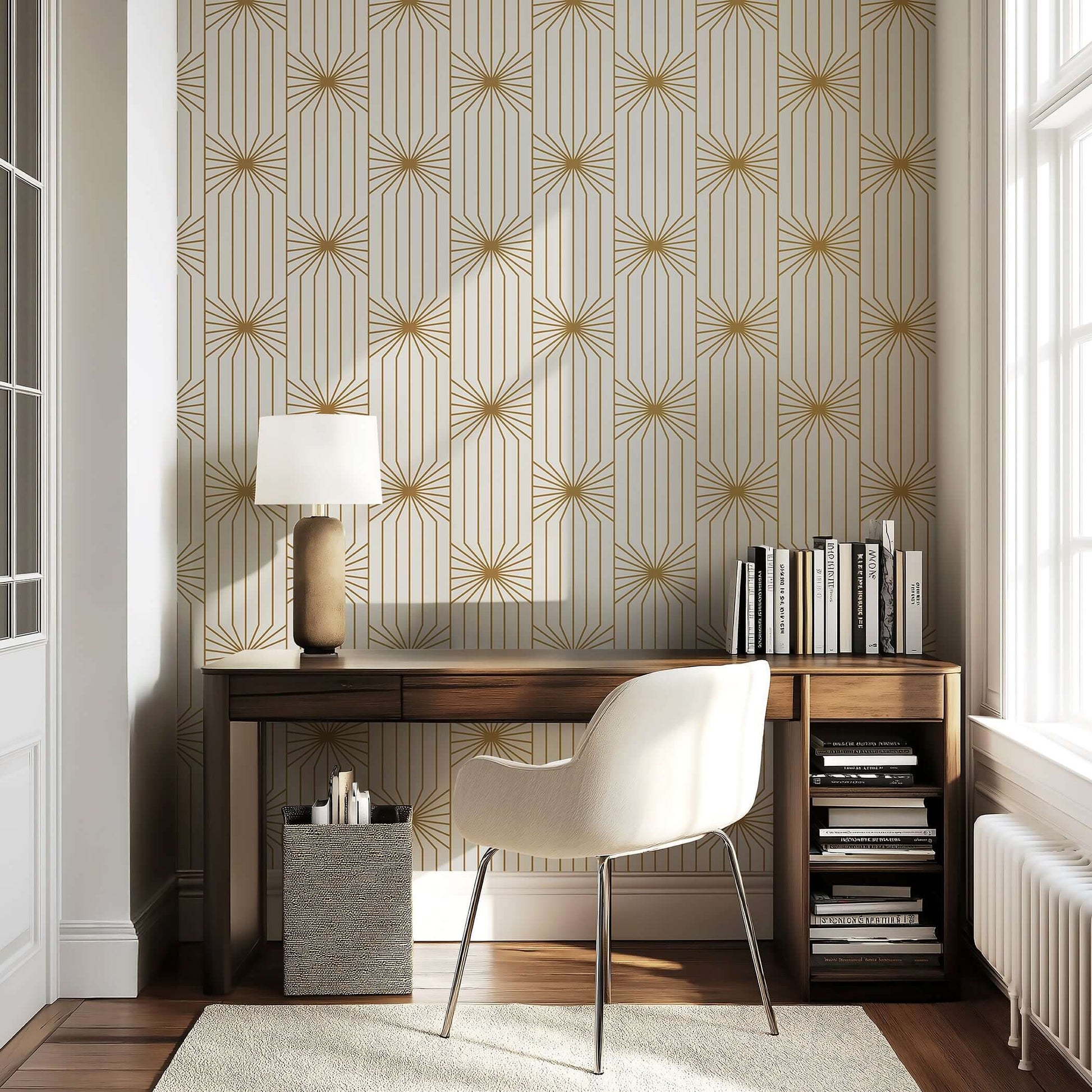 Art Deco mid-century modern wallpaper with gold geometric sunburst lines on white background in stylish room.