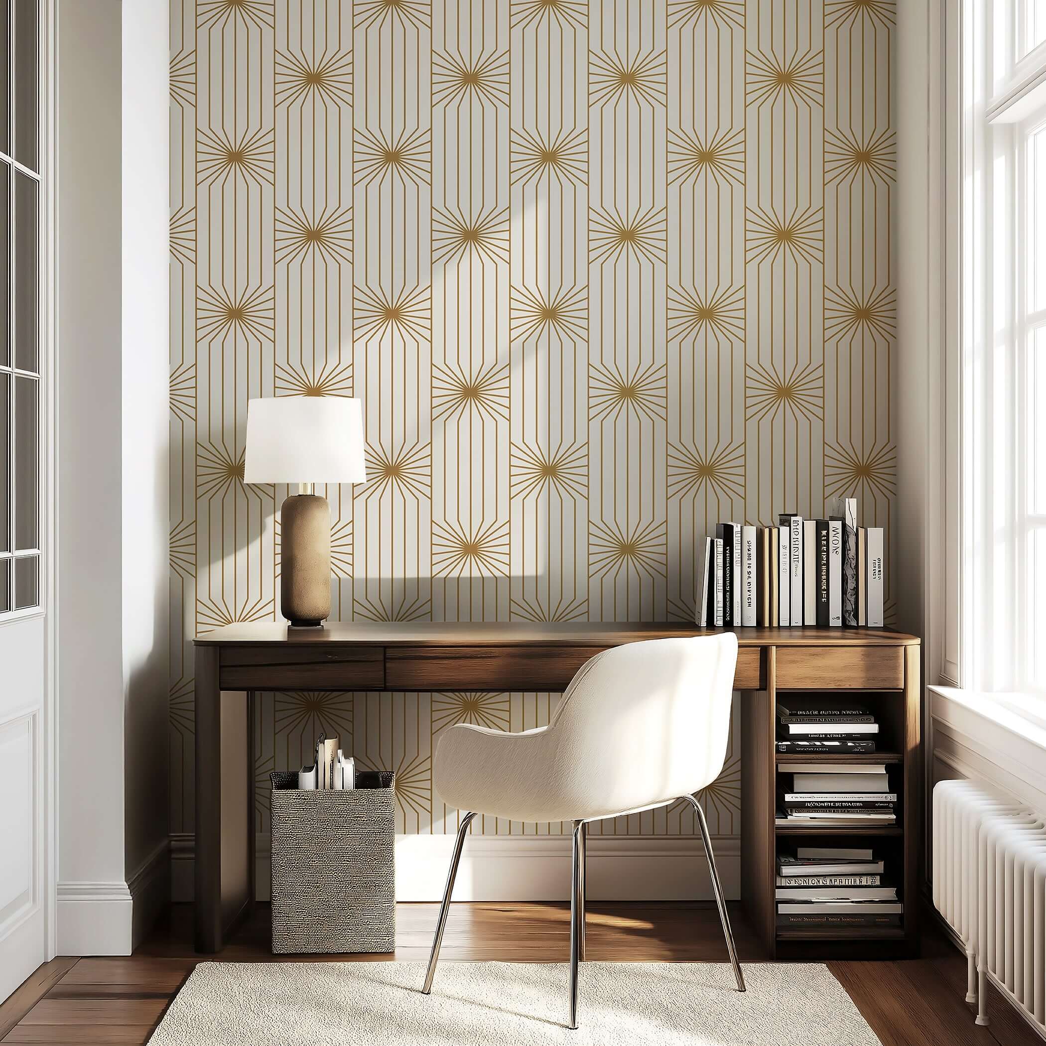 Art Deco mid-century modern wallpaper with gold geometric sunburst lines on white background in stylish room.