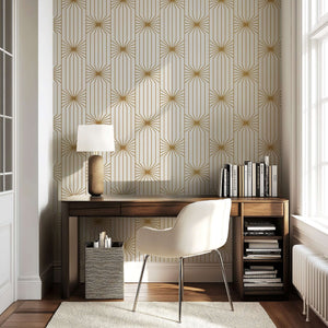 Art Deco mid-century modern wallpaper with gold geometric sunburst lines on white background in stylish room.