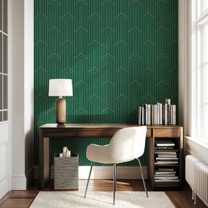 Art Deco golden chevron wallpaper in green, luxury geometric design enhancing a chic modern interior with retro flair.