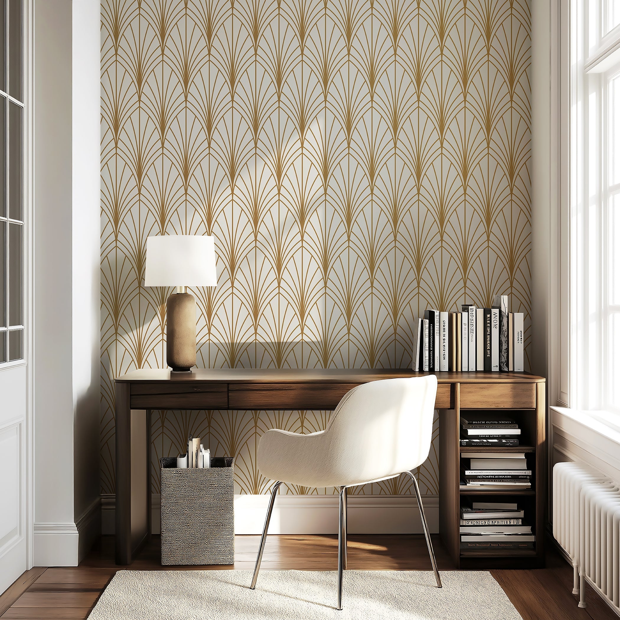 Art Deco-inspired gold geometric wallpaper with ivory background in elegant room with desk and chair; perfect for accent walls.