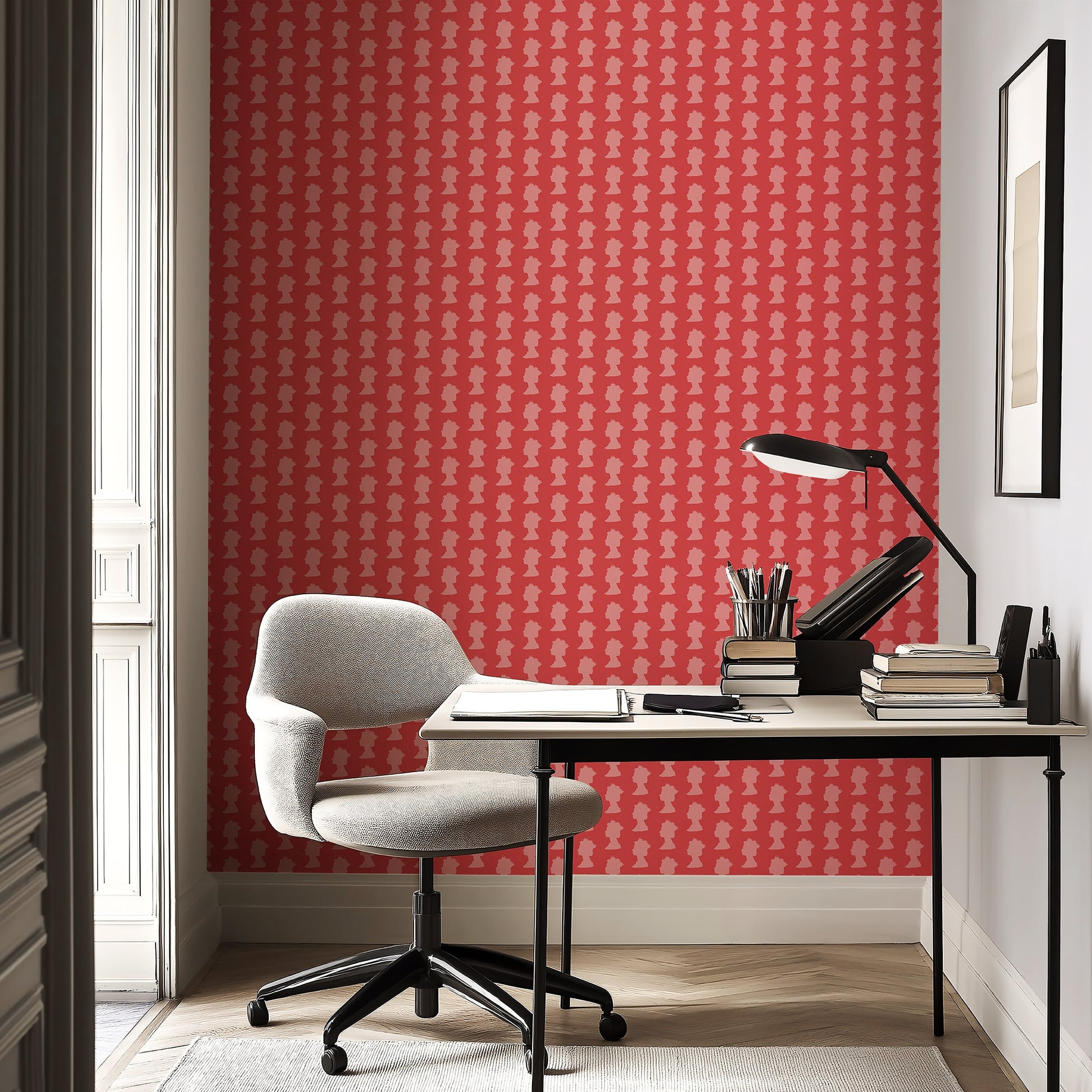 Modern Monarchy Motif wallpaper with pink royal silhouettes on red background, perfect for stylish London-themed interiors.
