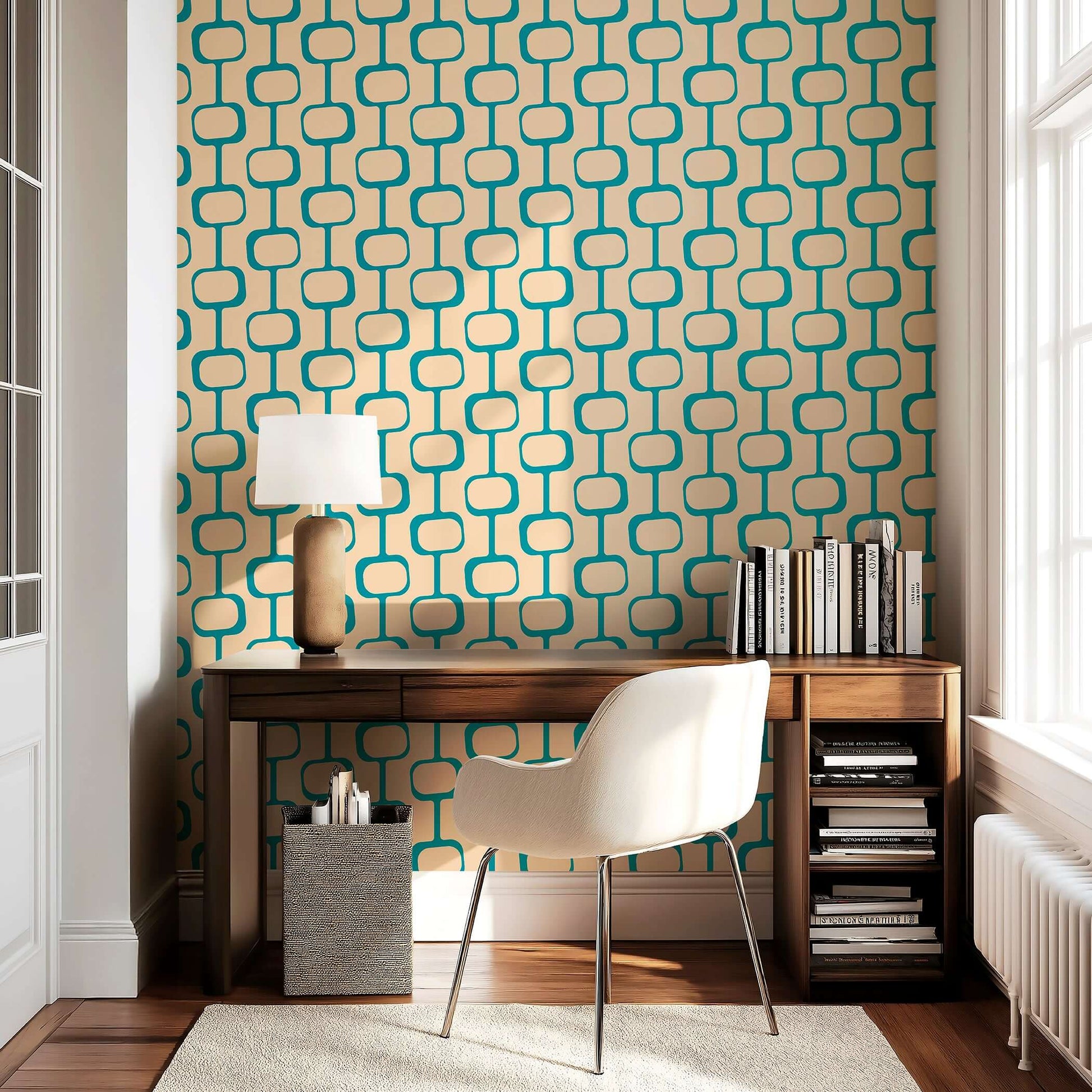 Mid-century modern geometric wallpaper in teal and beige with abstract chain-link pattern, styled in a retro-themed room.