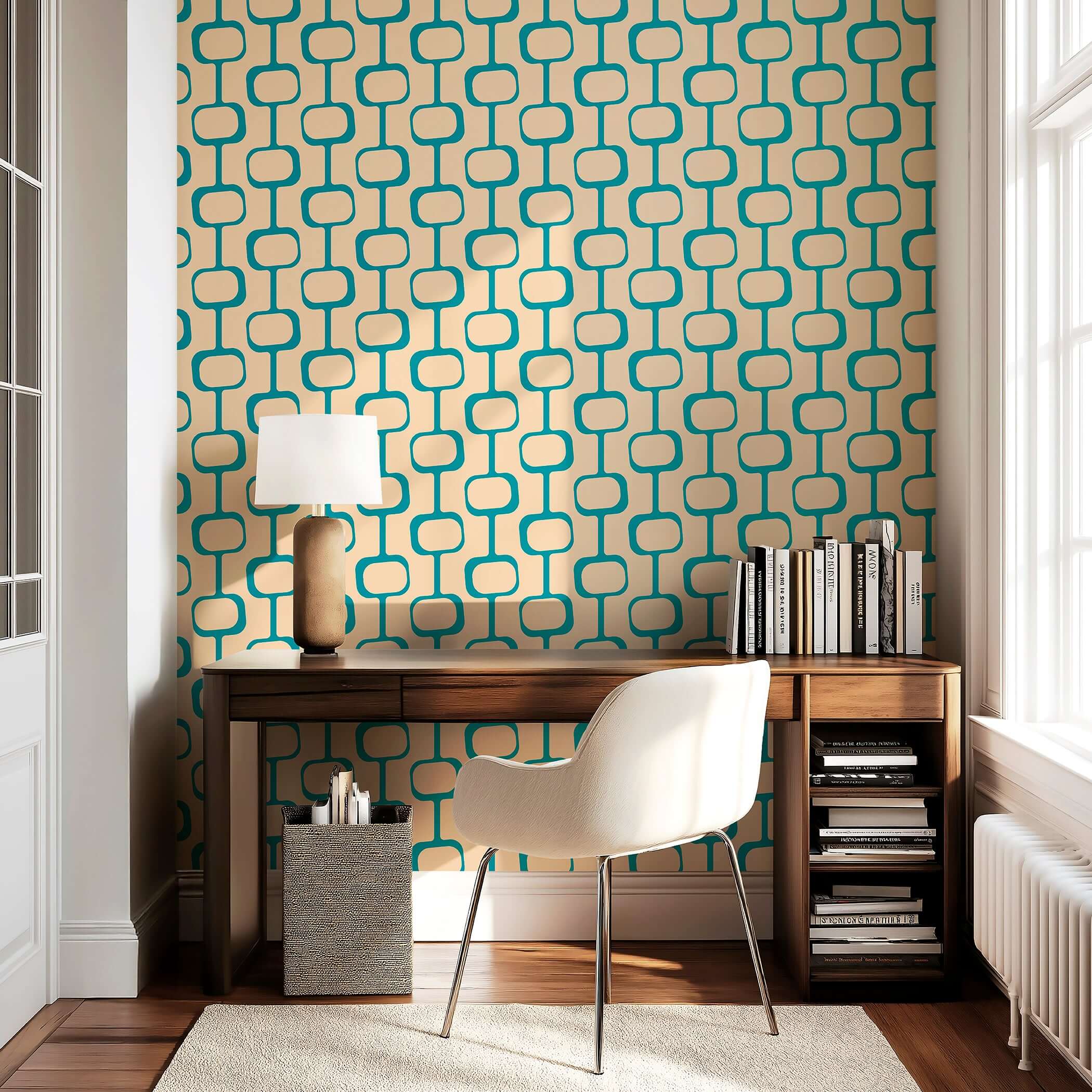 Mid-century modern geometric wallpaper in teal and beige with abstract chain-link pattern, styled in a retro-themed room.