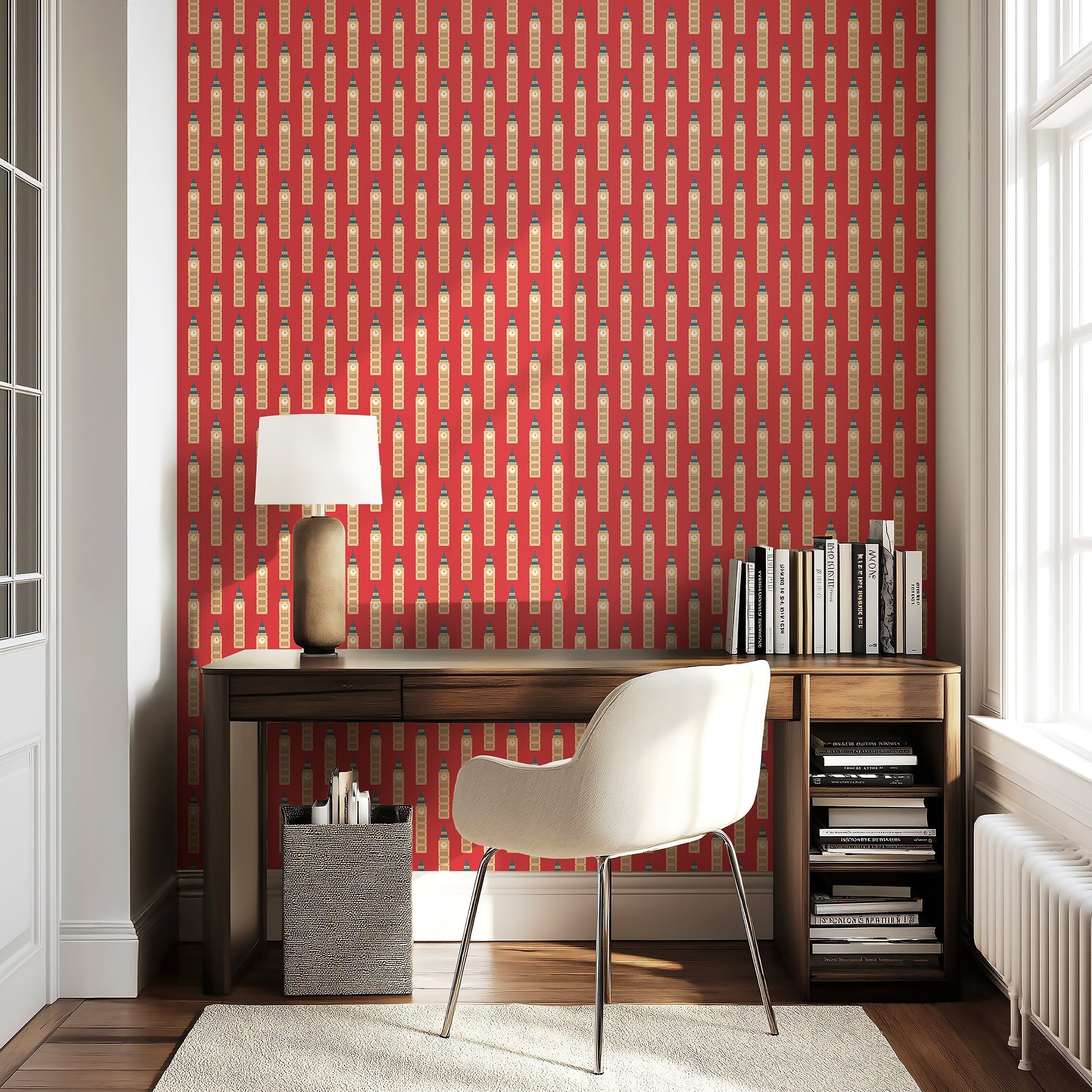 Bells of London wallpaper featuring stylized Big Ben on red background, perfect for London-themed décor and eclectic interiors.