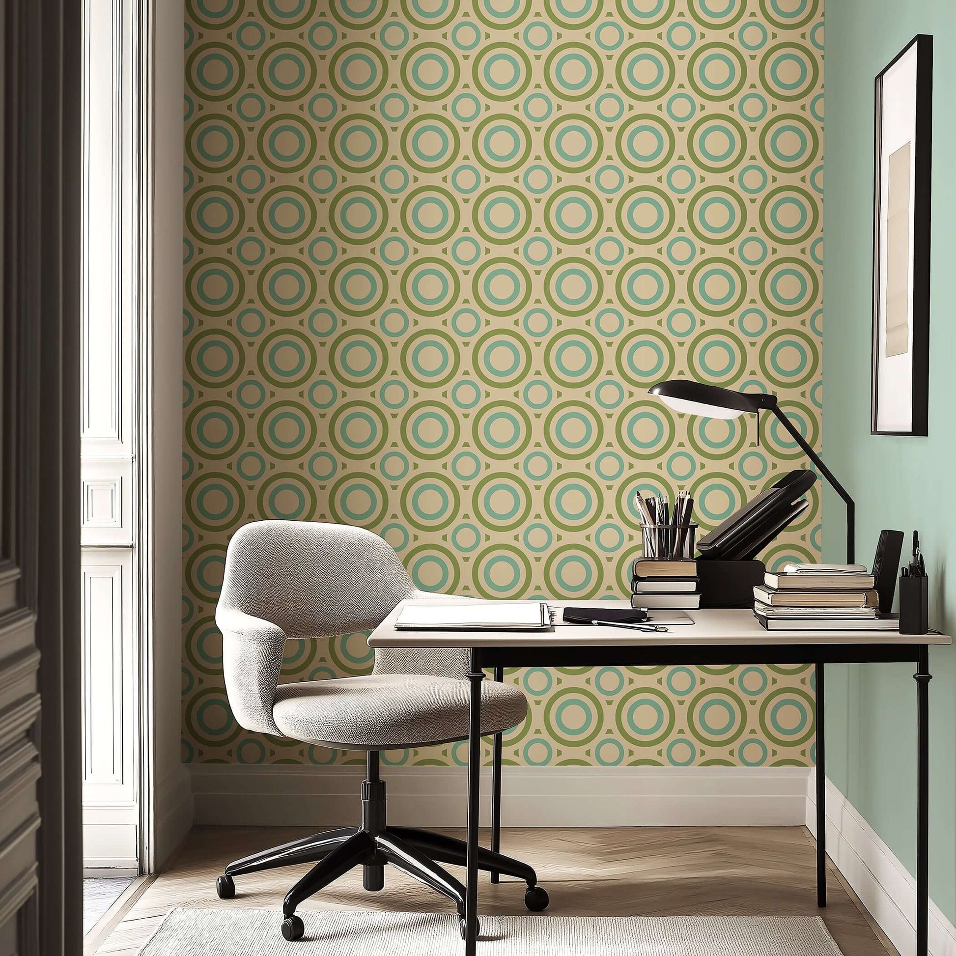 Mid-century modern wallpaper with retro orbit rings in sage green and teal on cream background, perfect for vintage-inspired decors.