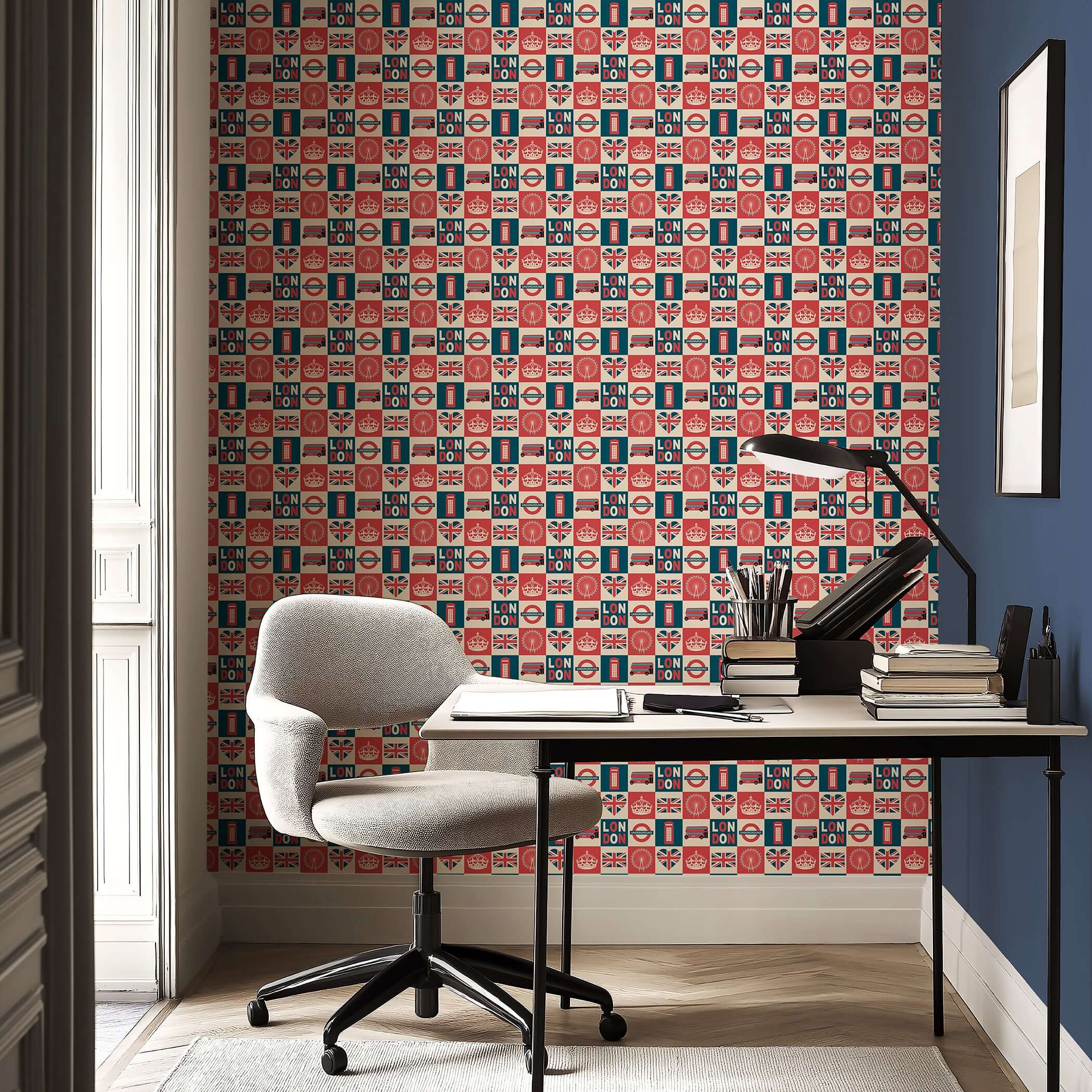 Brit Pop Blocks wallpaper with London icons in red, navy, and cream tones, adding modern art flair to a room in England style.