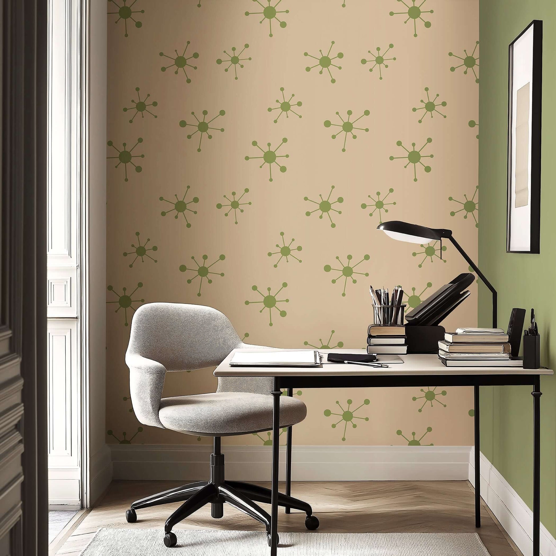 Mid-century modern wallpaper with retro atomic dot pattern in a stylish workspace, ideal for geometric and vintage interior design.