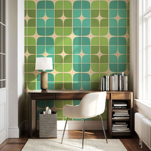 Mid-century modern design wallpaper with geometric floral patterns in green and aqua, creating a retro chic look for accent walls.