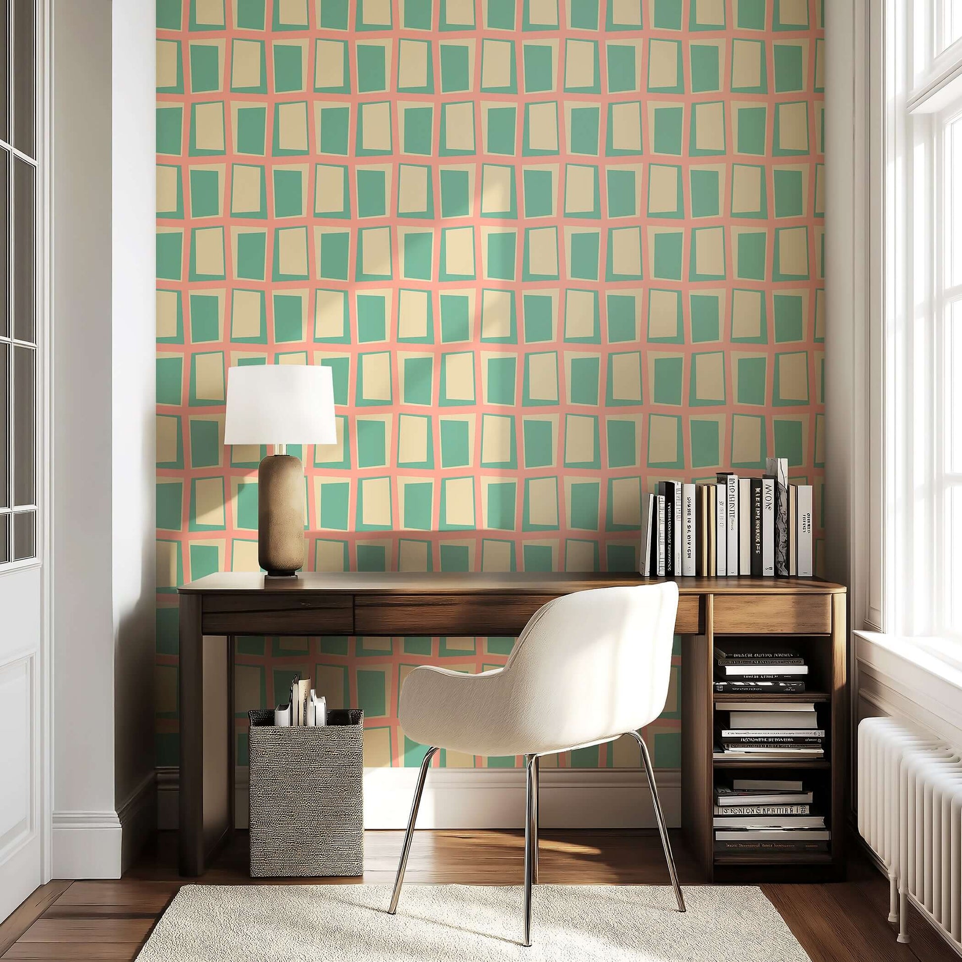 Mid-century modern wallpaper with retro geometric design in mint green, cream, and coral tones, enhancing a cozy home office space.