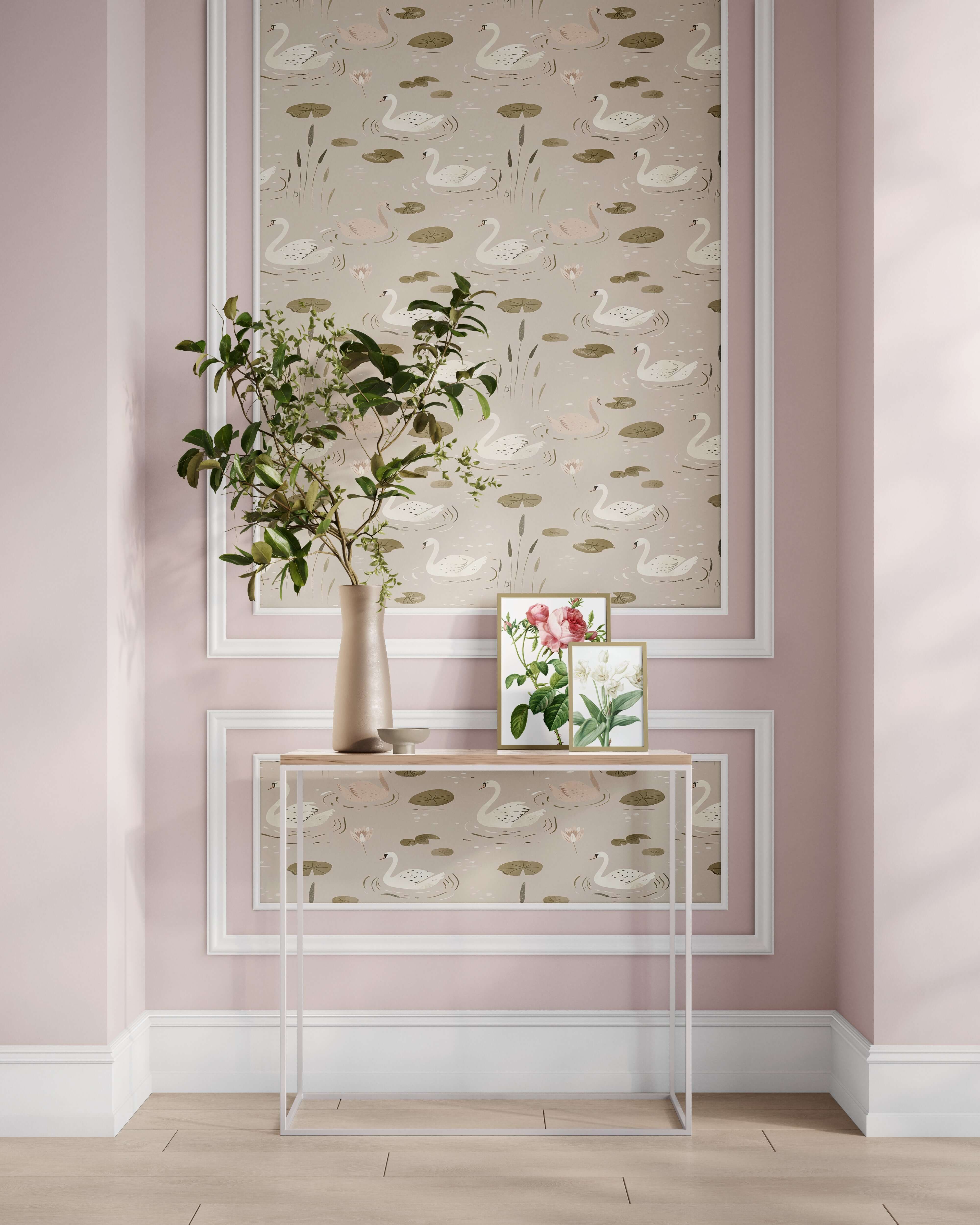 Swan Serenade wallpaper featuring swans and lilies on a serene pond, ideal for mid-century modern interiors.