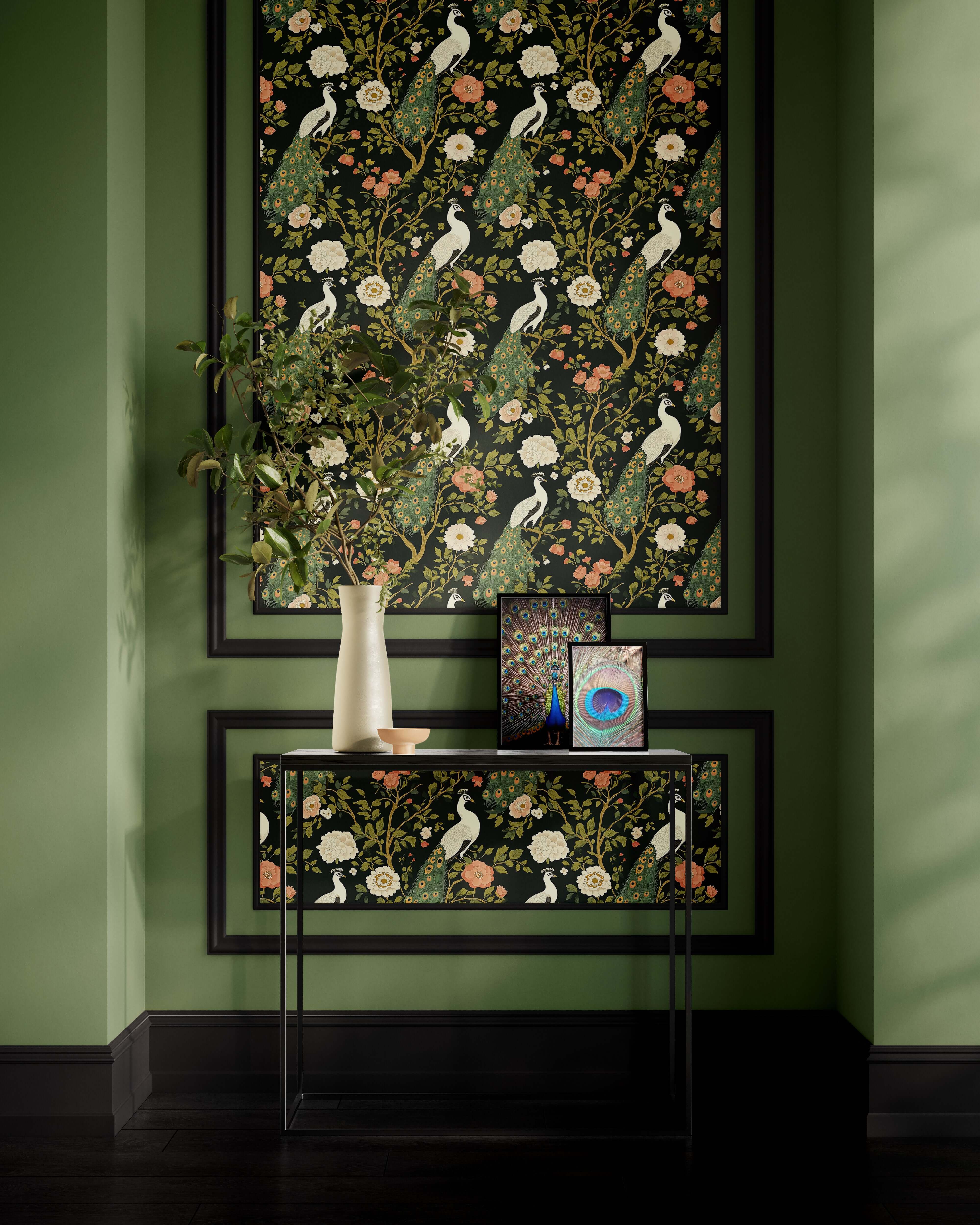 Art deco wallpaper with white peacocks and floral design in dark green background, featuring a stylish interior decor setup.