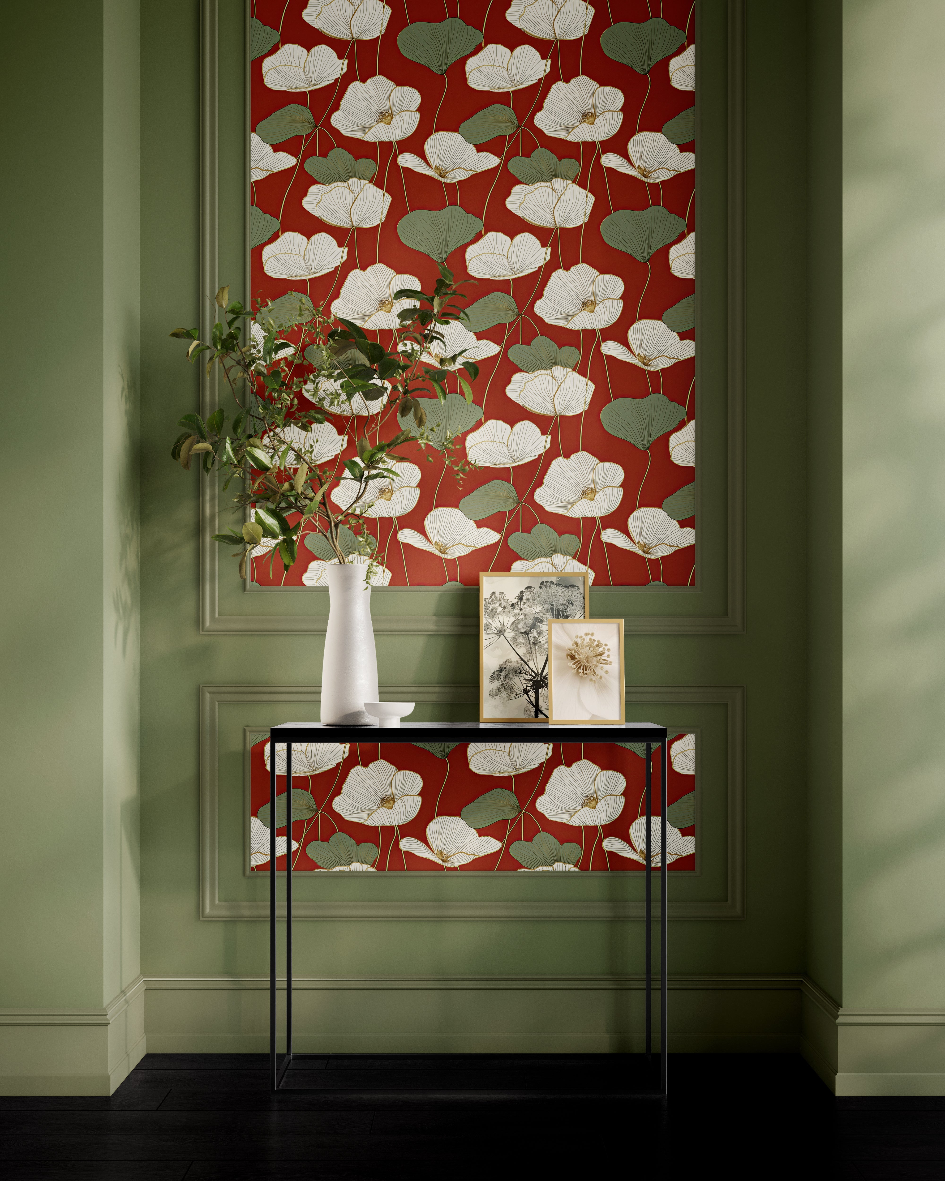 Contemporary floral wallpaper with white gold flowers on a deep red background, creating a modern and elegant look.