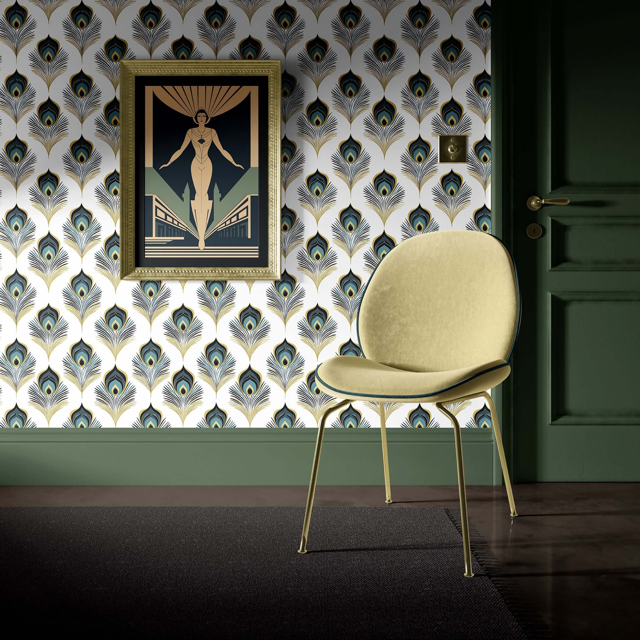 Art Deco room with Sophisticated Plume wallpaper featuring teal, gold peacock feathers and a stylish chair by a classic painting.