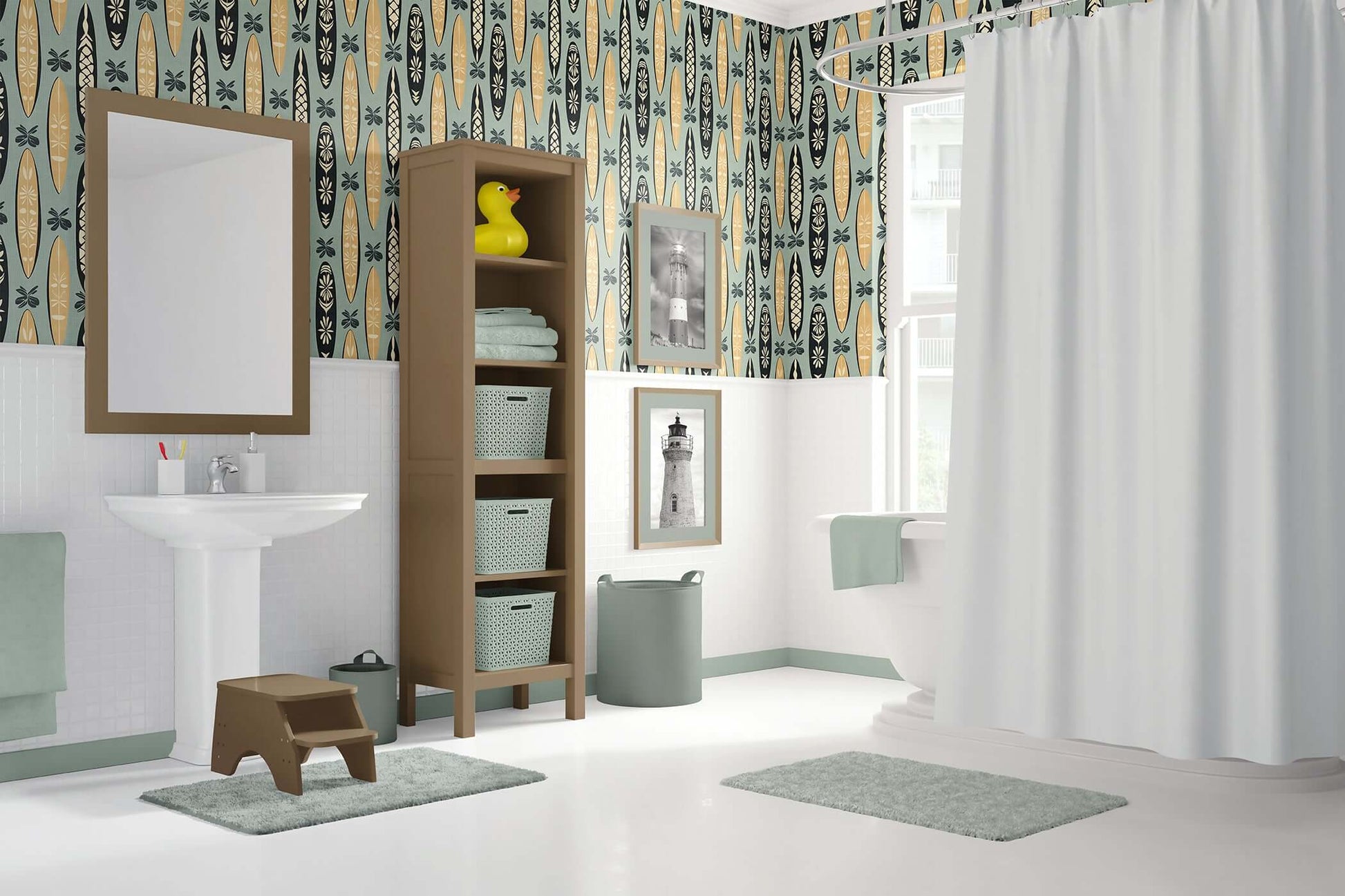 Bathroom with Aloha Boards wallpaper featuring surfboards in tropical motifs, ideal for coastal or beach-themed decor.