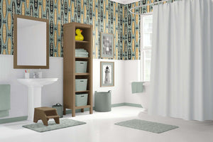 Bathroom with Aloha Boards wallpaper featuring surfboards in tropical motifs, ideal for coastal or beach-themed decor.