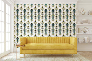 Art Deco wallpaper featuring teal and gold peacock feathers behind yellow sofa
