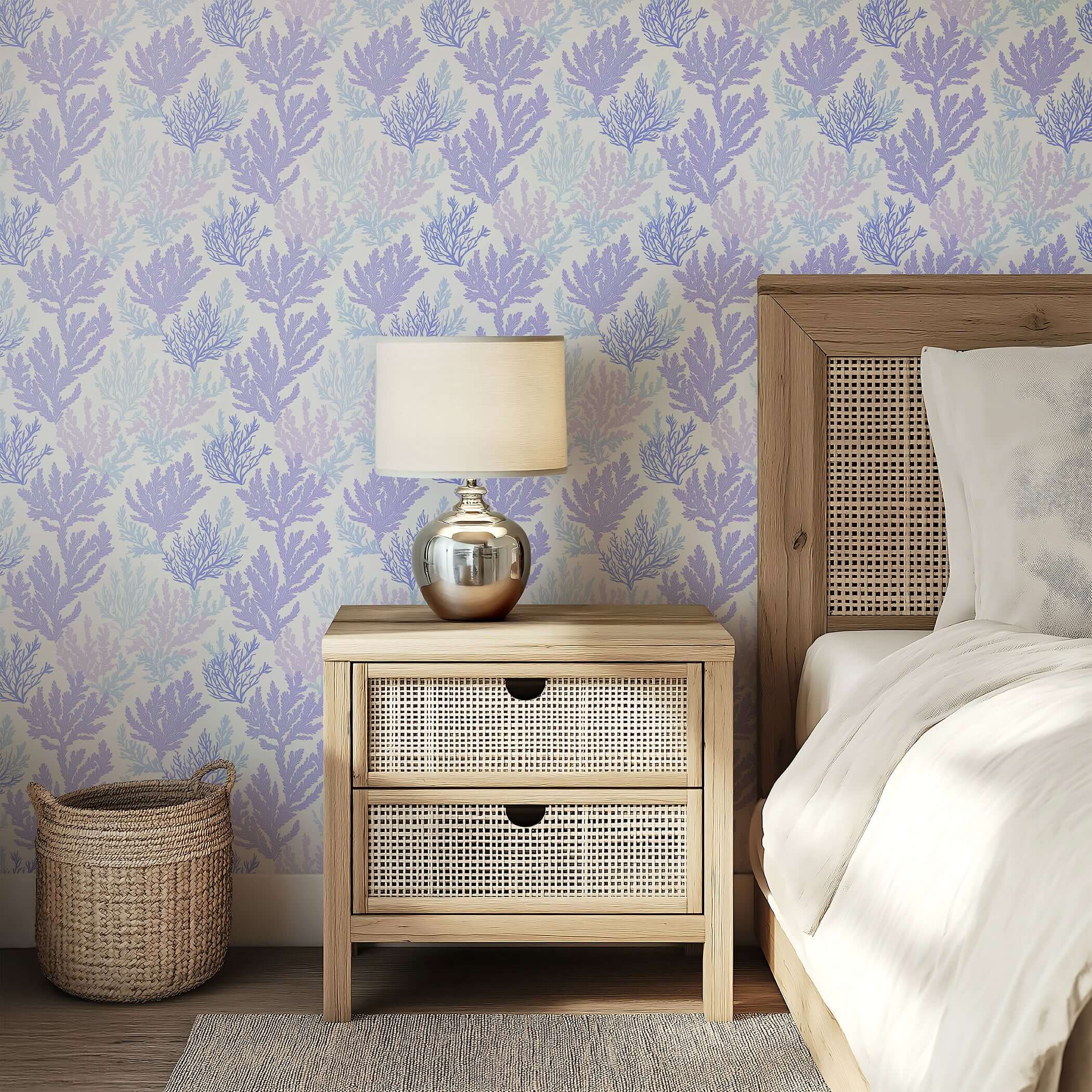 Bedroom with Coral Reflection Wallpaper featuring lavender and blue coral designs, enhancing a coastal ambiance.