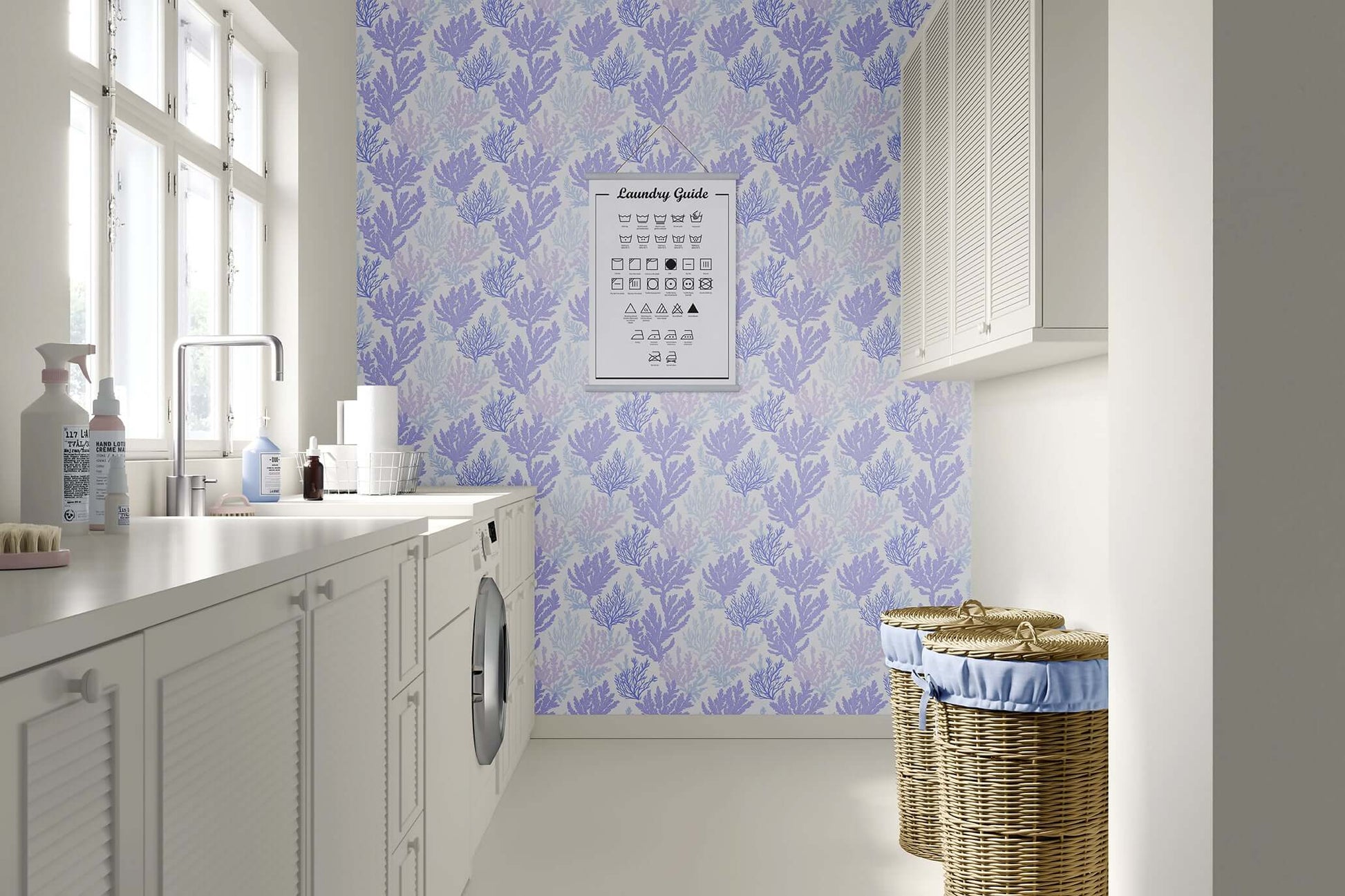 Laundry room with Coral Reflection wallpaper in lavender and blue, featuring a coastal-inspired coral twig pattern for marine ambiance.