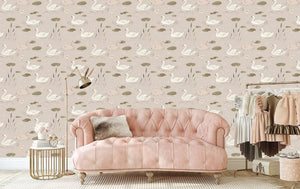 Swan Serenade wallpaper with swans on a pond, ideal for mid-century modern interiors. Perfect for bedrooms and nurseries.