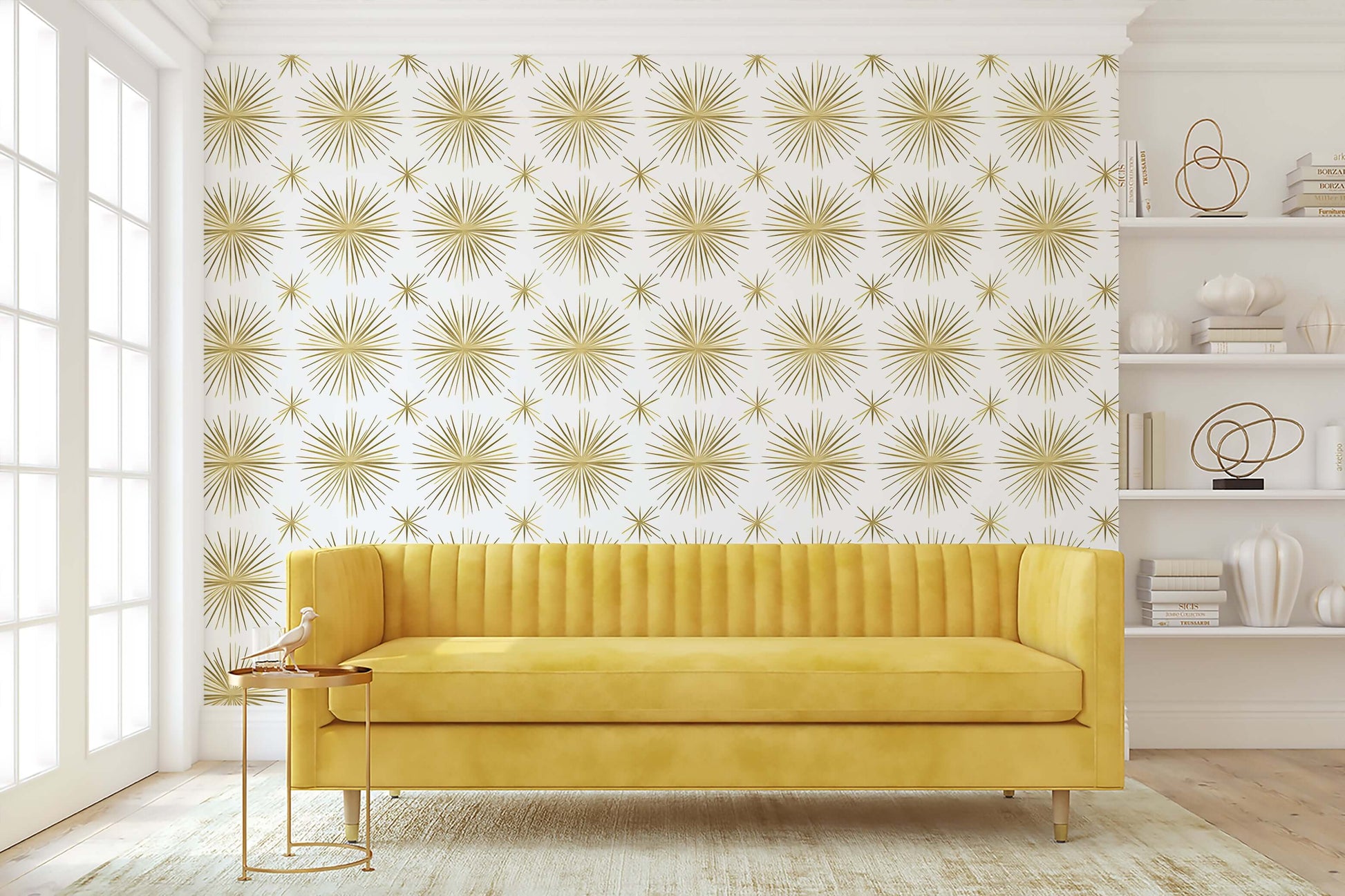 Living room with Vintage Gold Star wallpaper, featuring a Mid-Century Modern retro starburst design, yellow sofa, and white decor.