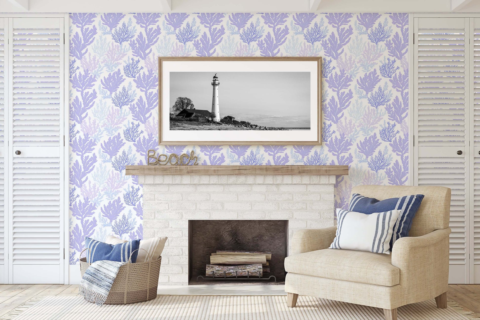 Living room with Coral Reflection wallpaper, featuring lavender and blue coral pattern, evoking an oceanic coastal feel.