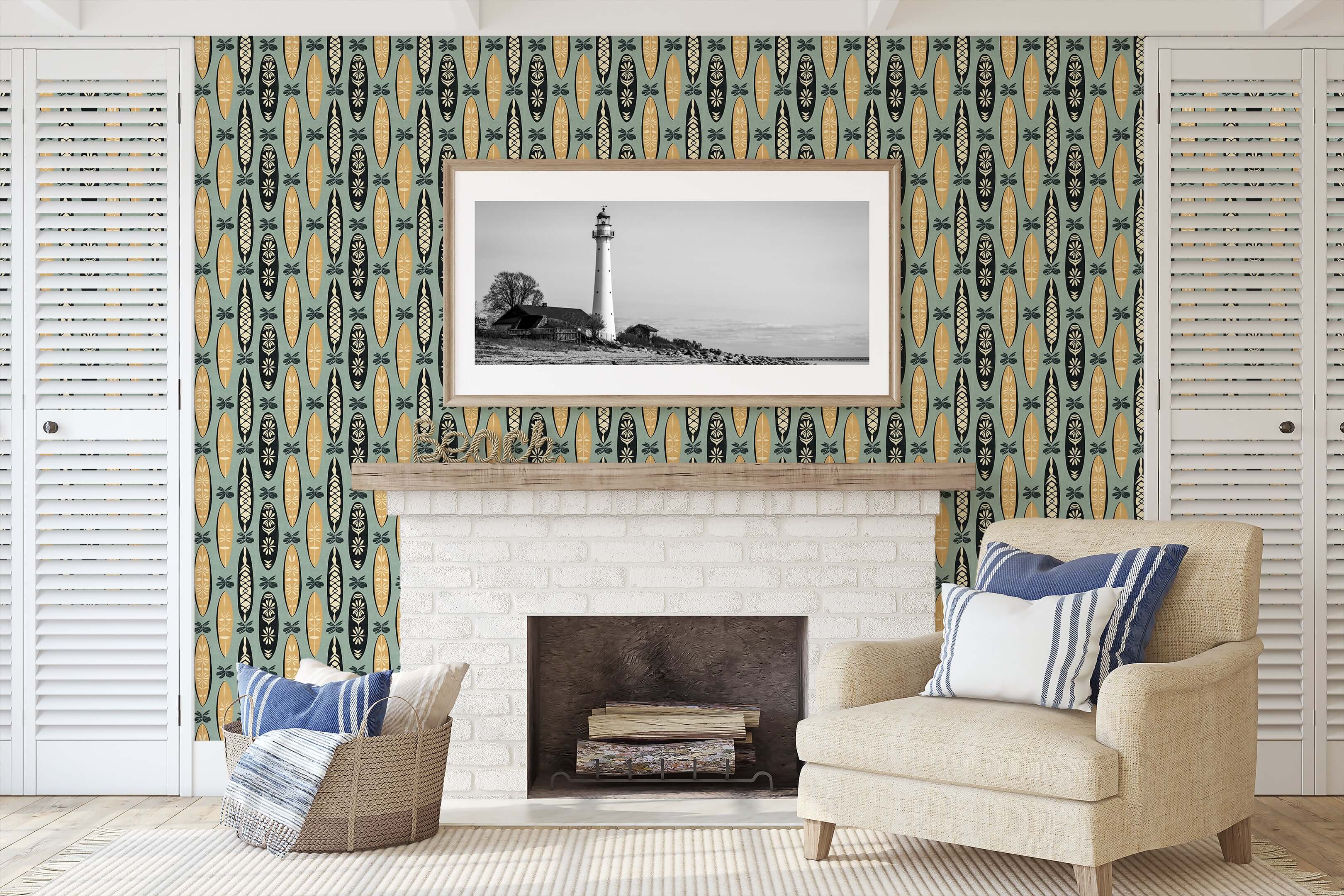 Living room with "Aloha Boards" coastal wallpaper featuring surfboards and tropical motifs, ideal for a mid-century-modern marine theme.